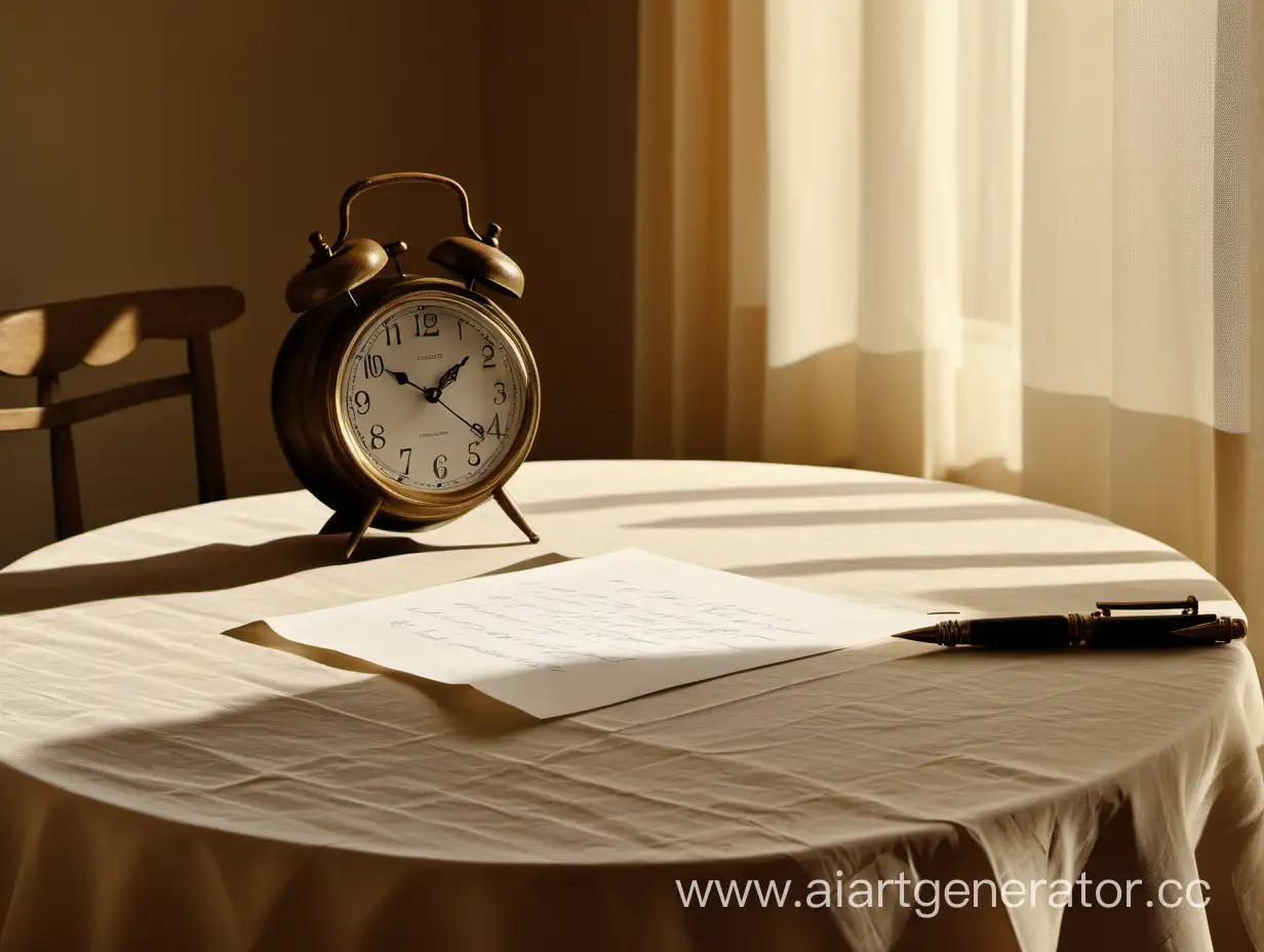 письмо и ручка на покрытом скатертью столе с часами у солнечного зашторенного окна