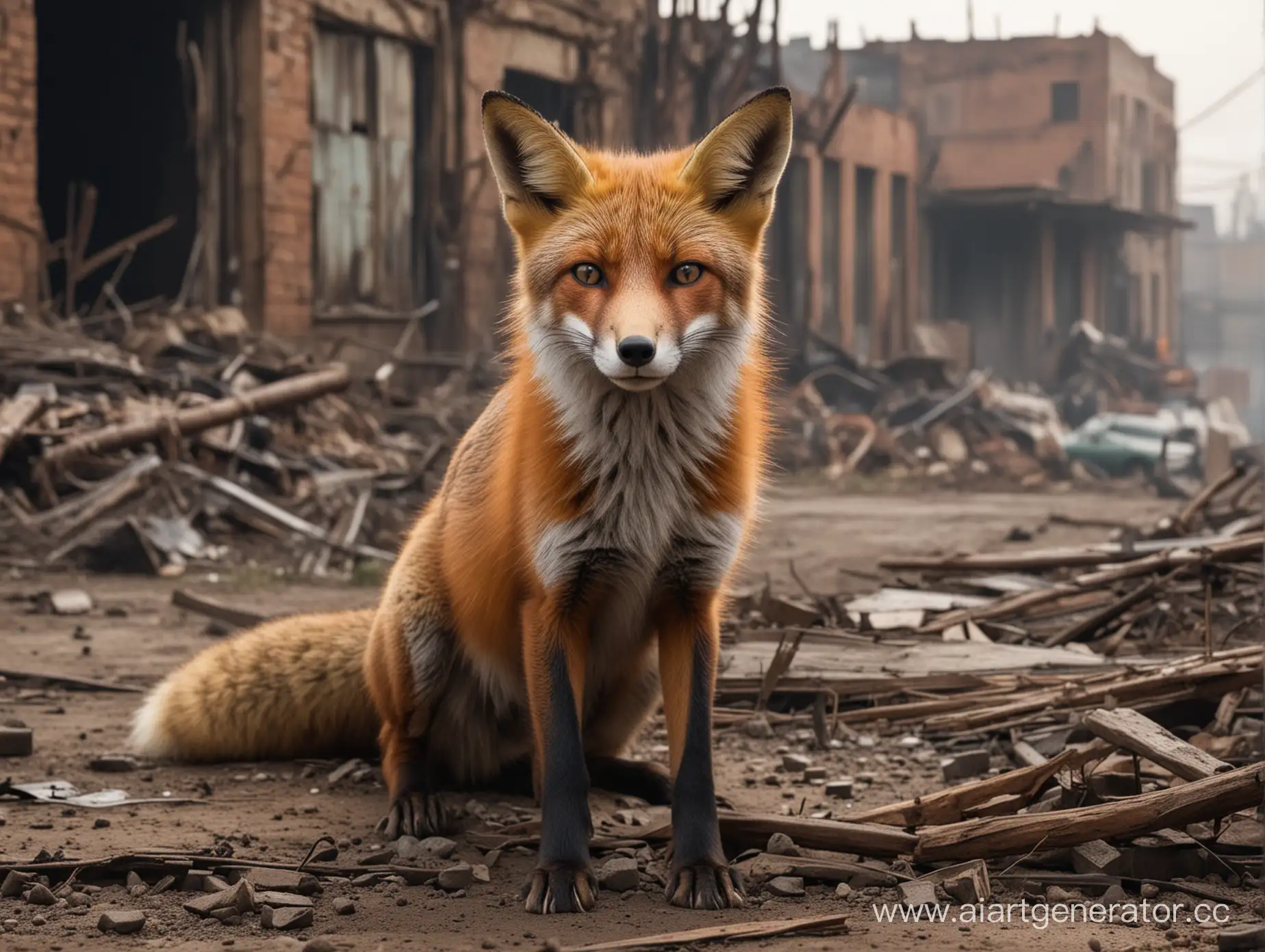 the fox on the background of the post-apocalypse