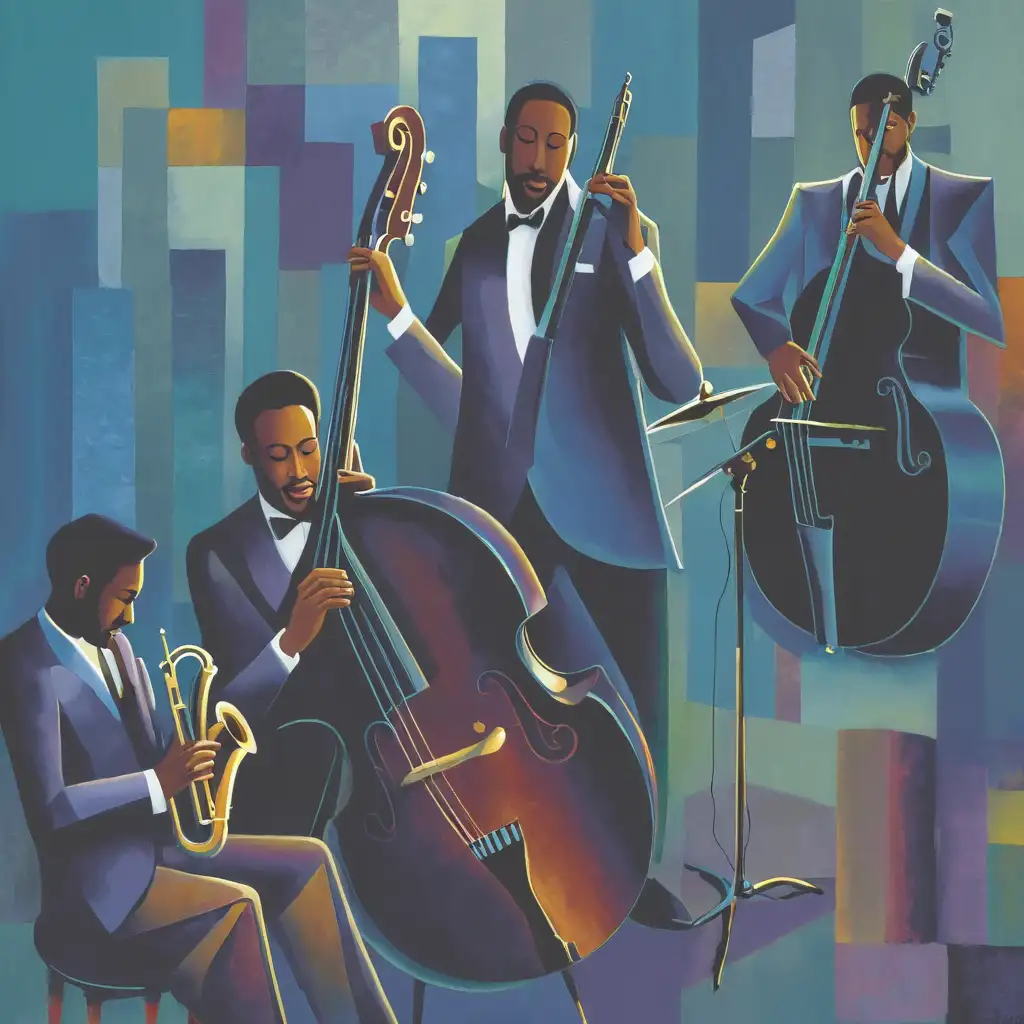 Vibrant Jazz Trio Performing Live Music on a Colorful Stage