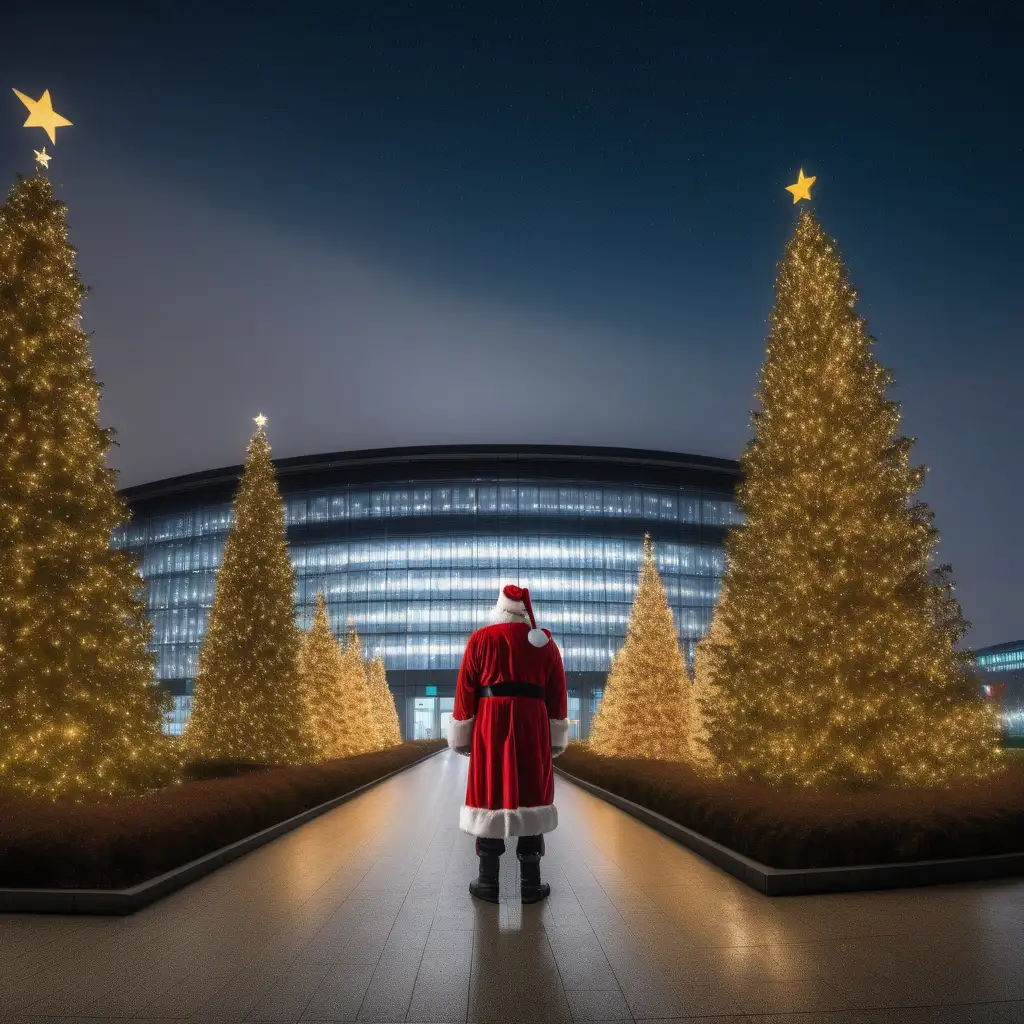 Subject: In the foreground santa clause is holding a laptop in front of a large data centre. A panoramic view of a starry night sky in brussels, Belgium where there are christmas trees with sparkling coloured lights, capturing the starry night sky and moon, with an emphasis on clarity and depth of field. 
Type of Camera: Sony A6400
Lens type: 18mm
Camera Type: Mirrorless
Art Style: gothic
Recommendations: AI version 5, Aspect Ratio 16:9, Style parameter 500
Output Resolution: 1200 x 627 pixels (1.91:1 aspect ratio)
Additional Note: Emphasise depth of field to bring focus to the trees