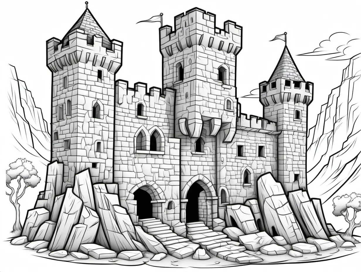 medieval castle ruin, coloring page, cartoon style, thin lines, few details, no background, no shadows, no greys