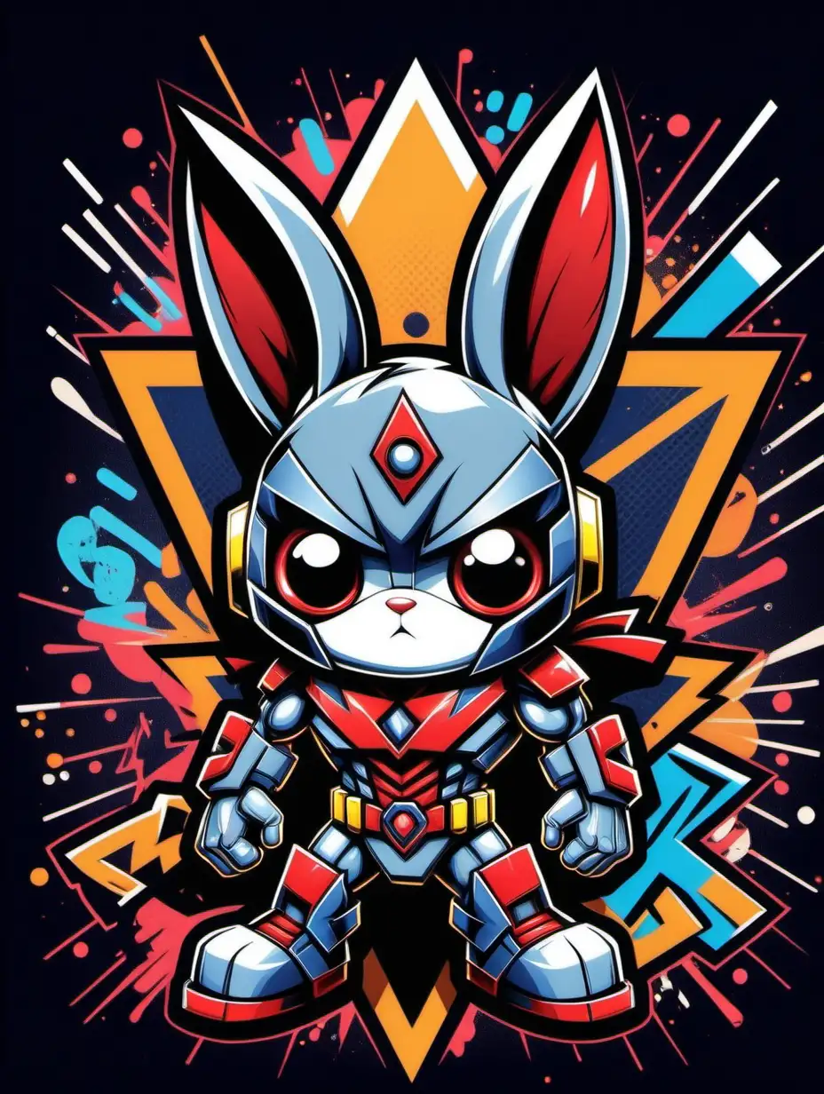 2d poster style, old style poster drawing, high contrast, flat pop art style drawing of a triangle-shaped composition featuring a little naugty cute bunny daredevil, dressed like Jazz character from Transformers, small thin ears, serious grumpy face silver metal, glowing. Anime, chibi style. Big head, small body, big eyes. Cute face. The background is filled with graffiti elements, incorporating vibrant electric colors, various shapes, and dynamic lights. The overall image should be lively, colorful, and reflective of contemporary youth culture, embodying the energetic spirit of pop art. Drawing must be in 2d flat style, popart. 