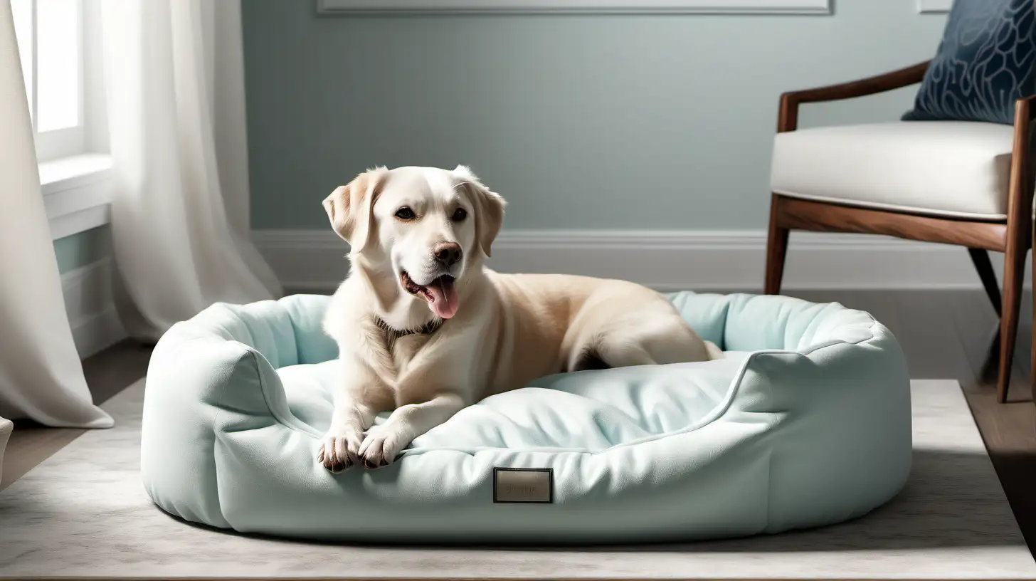Visualize a serene and stylish living room in a high-end home, where a happy dog is lying on a durable no-chew dog bed. The scene should radiate tranquility and luxury, showcasing the dog bed as an integral part of the room's sophisticated decor. The dog should look happy. Incorporate a color palette of mint, sky blue, beige, white to evoke a calm and inviting atmosphere. The dog appears completely at ease, embodying the comfort and security provided by the bed. Capture this moment in a realistic style, emphasizing the premium quality of the dog bed and its seamless blend with the home's elegant aesthetic. The image should be suitable for a banner on a website dedicated to upscale dog beds, conveyed in a 1080px wide, 16:9 aspect ratio format. Focus on the textures and materials of the dog bed and the room's furnishings to highlight the bed's durability and the overall luxury of the setting.