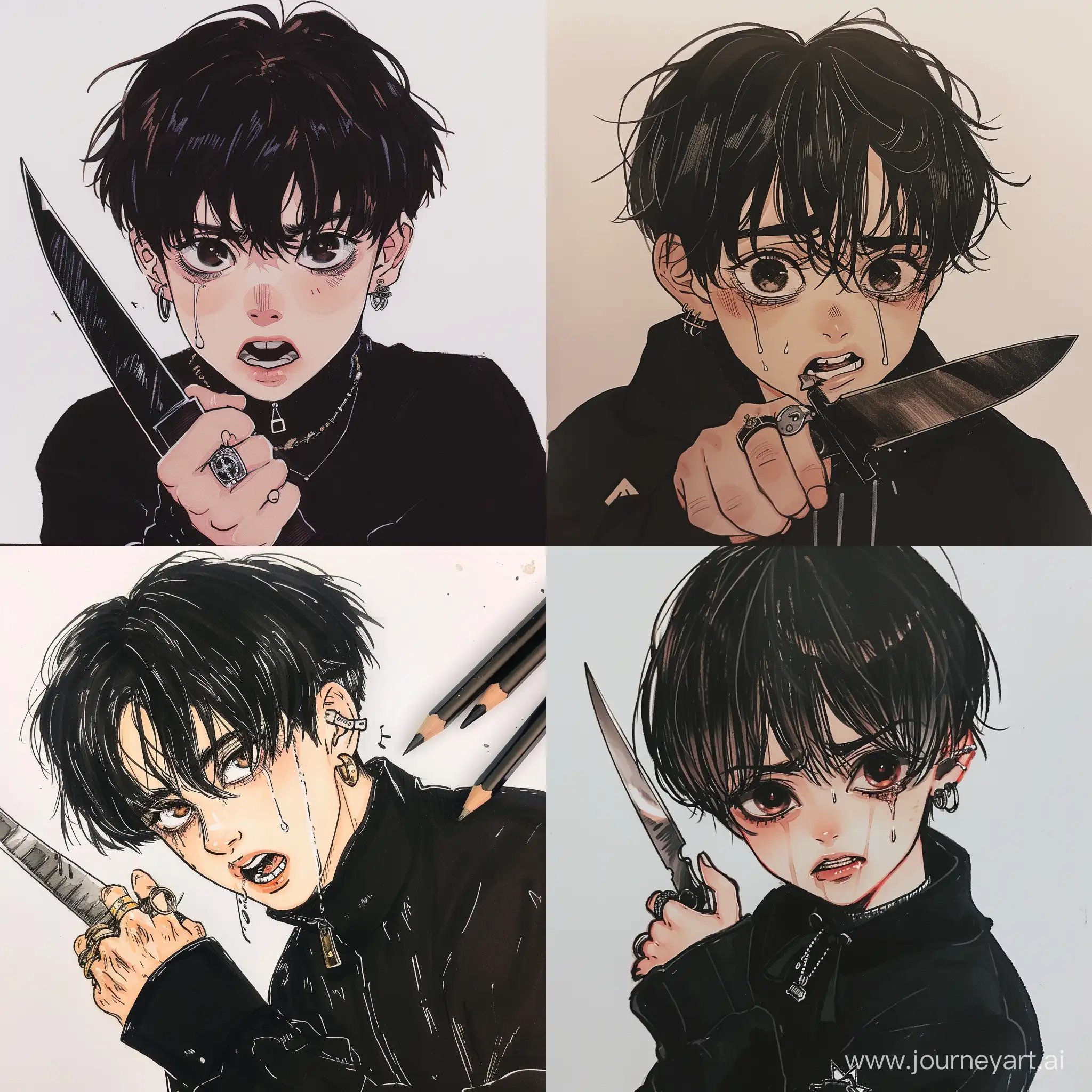 a 18 years old, boy, holding a knife, looking scared, black hair, aesthetic, brown eyes, closer to camera, black outfit, rings, teenager, anime drawing