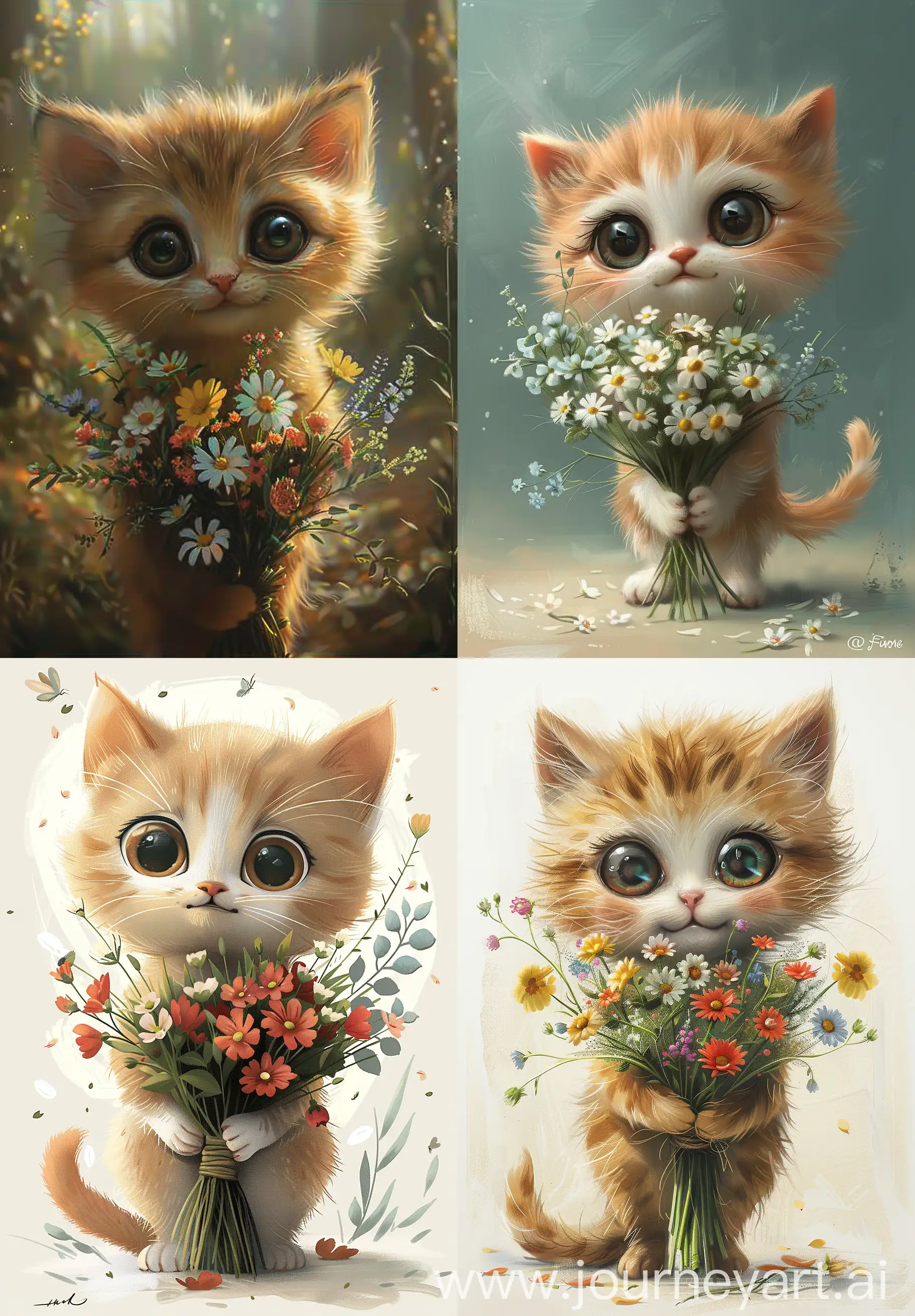 Поздравительная Открытка на которой милый пухлый пушистый мультяшный котенок с большими глазами держит огромный букет весенних цветов --ar 9:13 --s 250