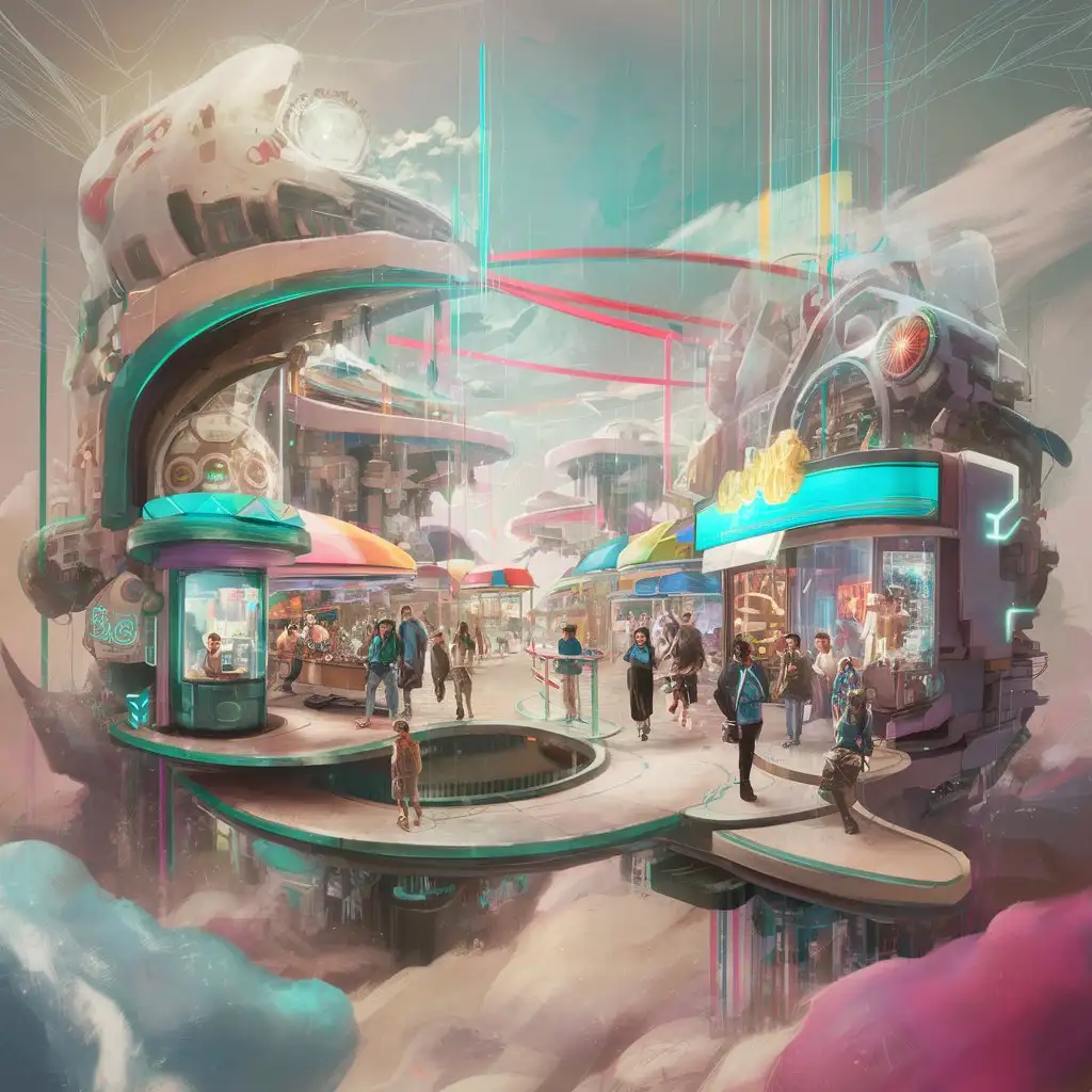 Envision a whimsical, futuristic marketplace floating in the clouds. Craft a scene where traditional concepts of gravity and geography are defied, creating a space where shoppers navigate through floating stalls and digital storefronts, all set against a backdrop of soft, ethereal clouds and vibrant skyways.