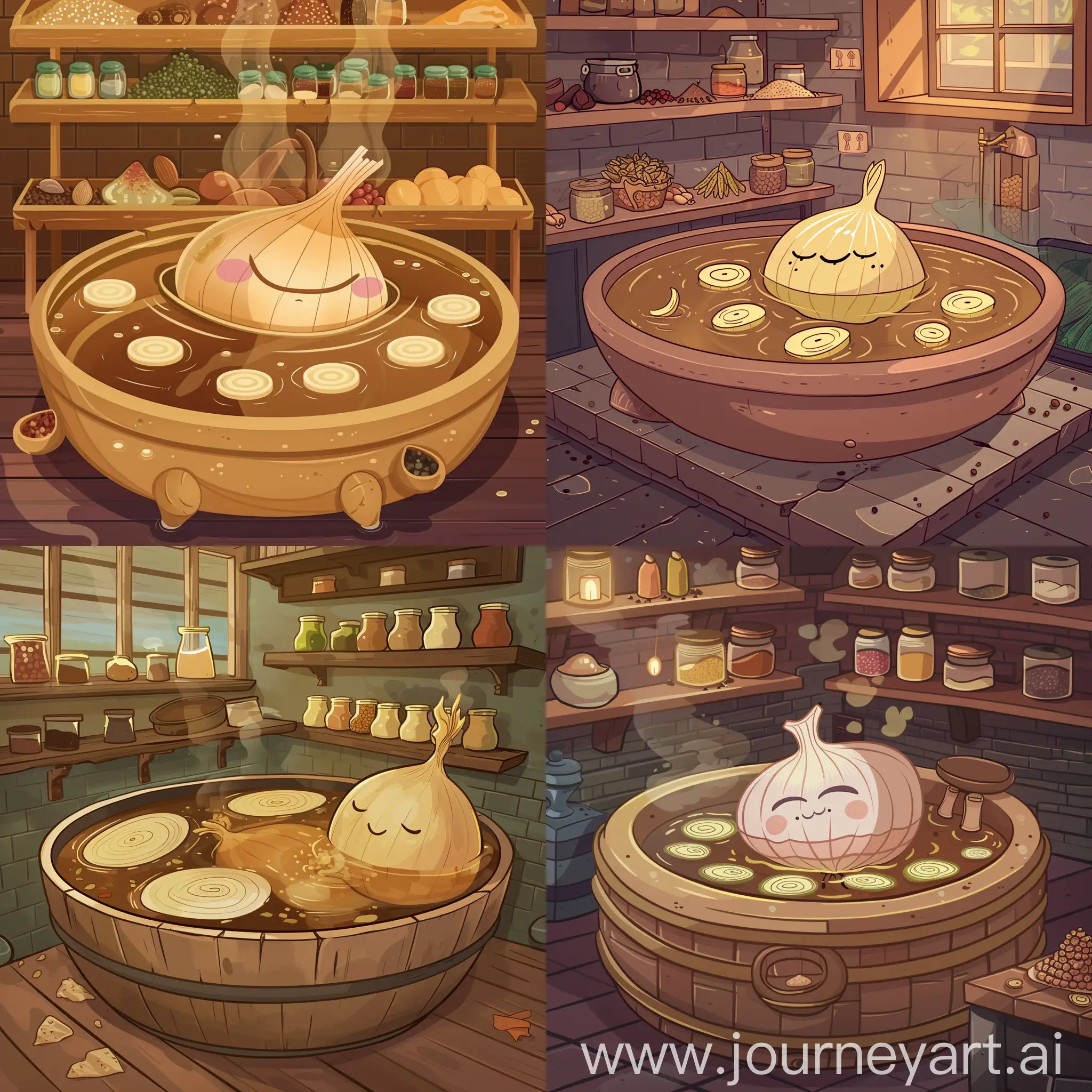 a cartoon image of a relaxed onion with onion slices floating in a hot tub  with brown water and spices on several shelfs, in the style of fantastical environments, otherworldly creatures, luminosity of water, colorful mindscapes, detailed character design
