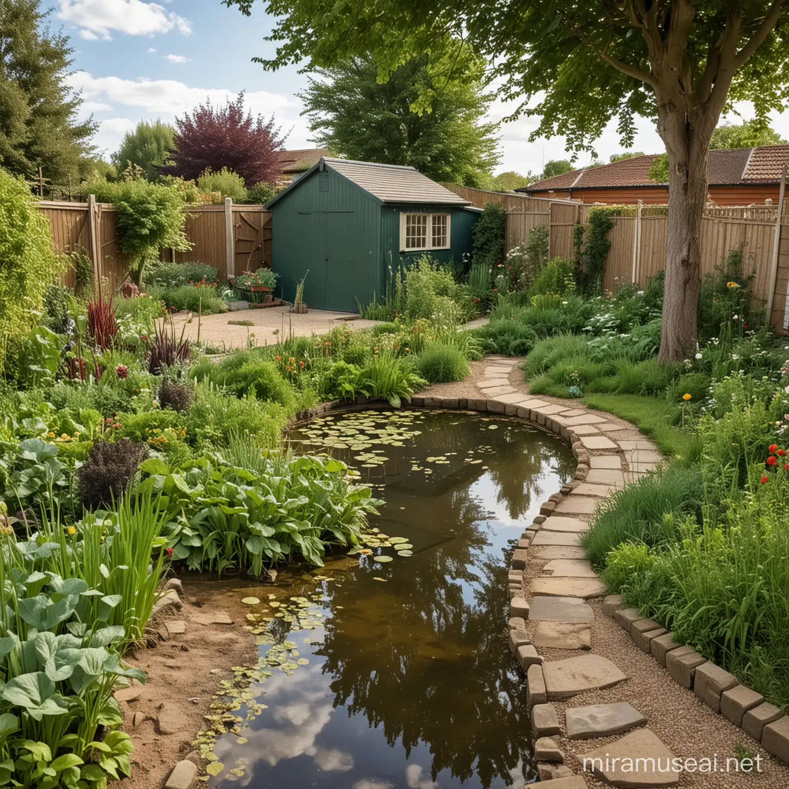 Un jardin avec une marre, avec un chemin, avec une cabane de jardin et un potager