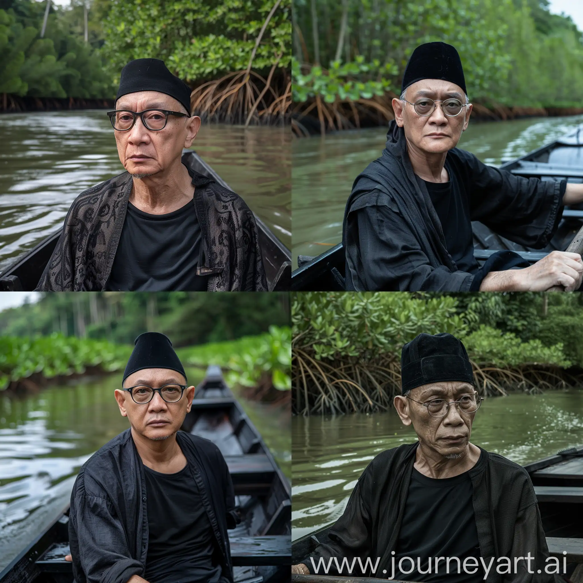 Near the river bank; a 41-year-old Indonesian man with a smooth face; rather wide ears; wearing a black Indonesian skullcap; wearing glasses; handsome; and her skin is very white. He rowed a black wooden boat on the rippling surface of the river. He wore a black T-shirt covered by a cloth jacket. Green mangrove forests cover the river banks. The expression on the man's face was calm. Produces natural images; super HD quality; very realistic and detailed; 36k high resolution; best.