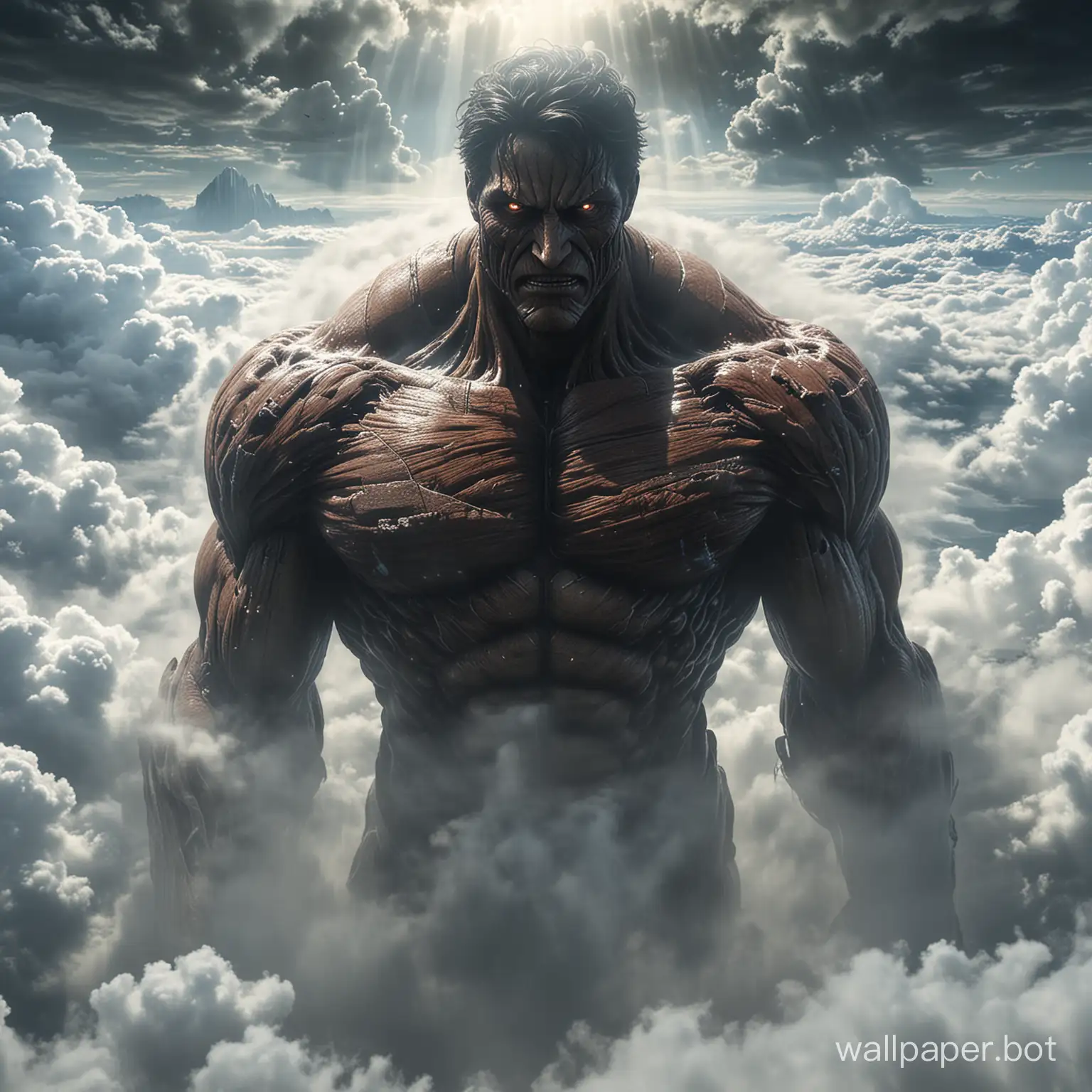 Imagine a colossal figure, like the Titans from "Attack on Titan," emerging from above the clouds. Its upper body—towering and powerful—breaks through the misty veil, revealing only its head, shoulders, and the hint of its torso. The giant's eyes hold an enigmatic gaze as it seems to peer out into the vastness of the sky. Surrounded by the churning sea of clouds, the scene conveys both grandeur and an air of mystery.