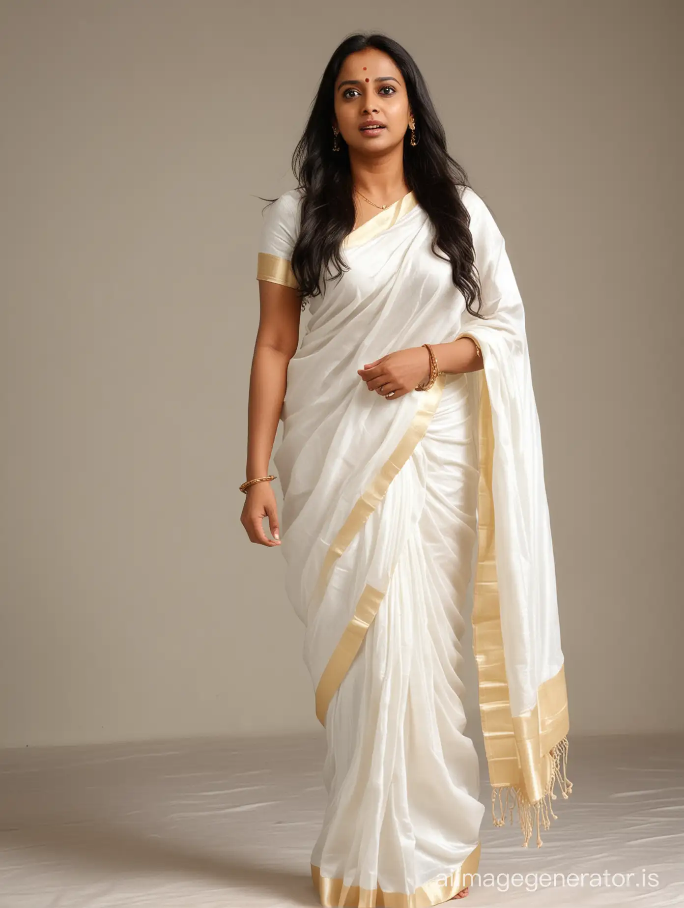 Full body image of A 40 years old kerala woman who looks 99% like malayalam movie actress shalu Menon. The woman is wearing a white silk saree. The woman has very long hair and perfect body. The woman is extremely angry and shouting