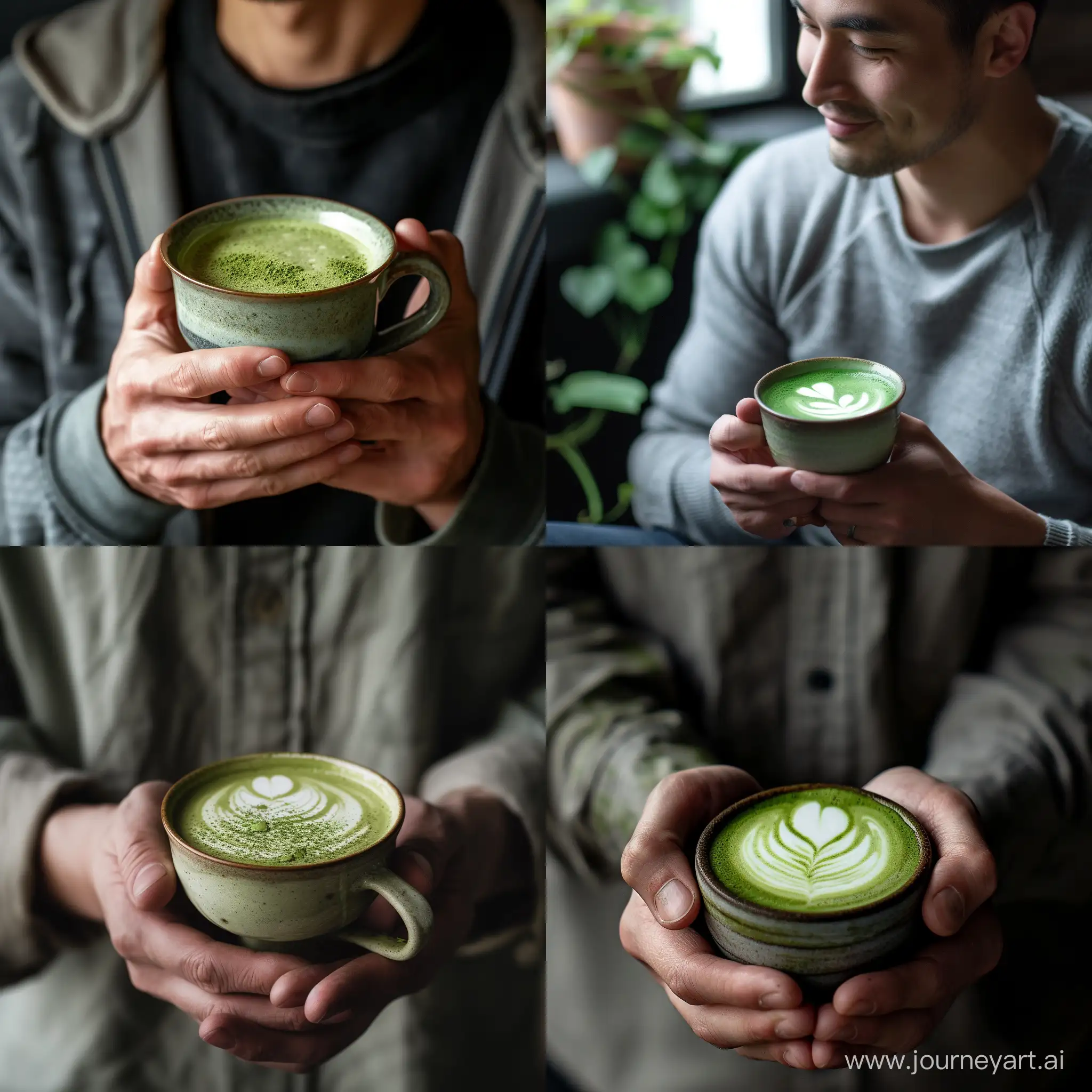 Real picture of a man holding a cup of matcha tea. All details are natural, real and accurate.