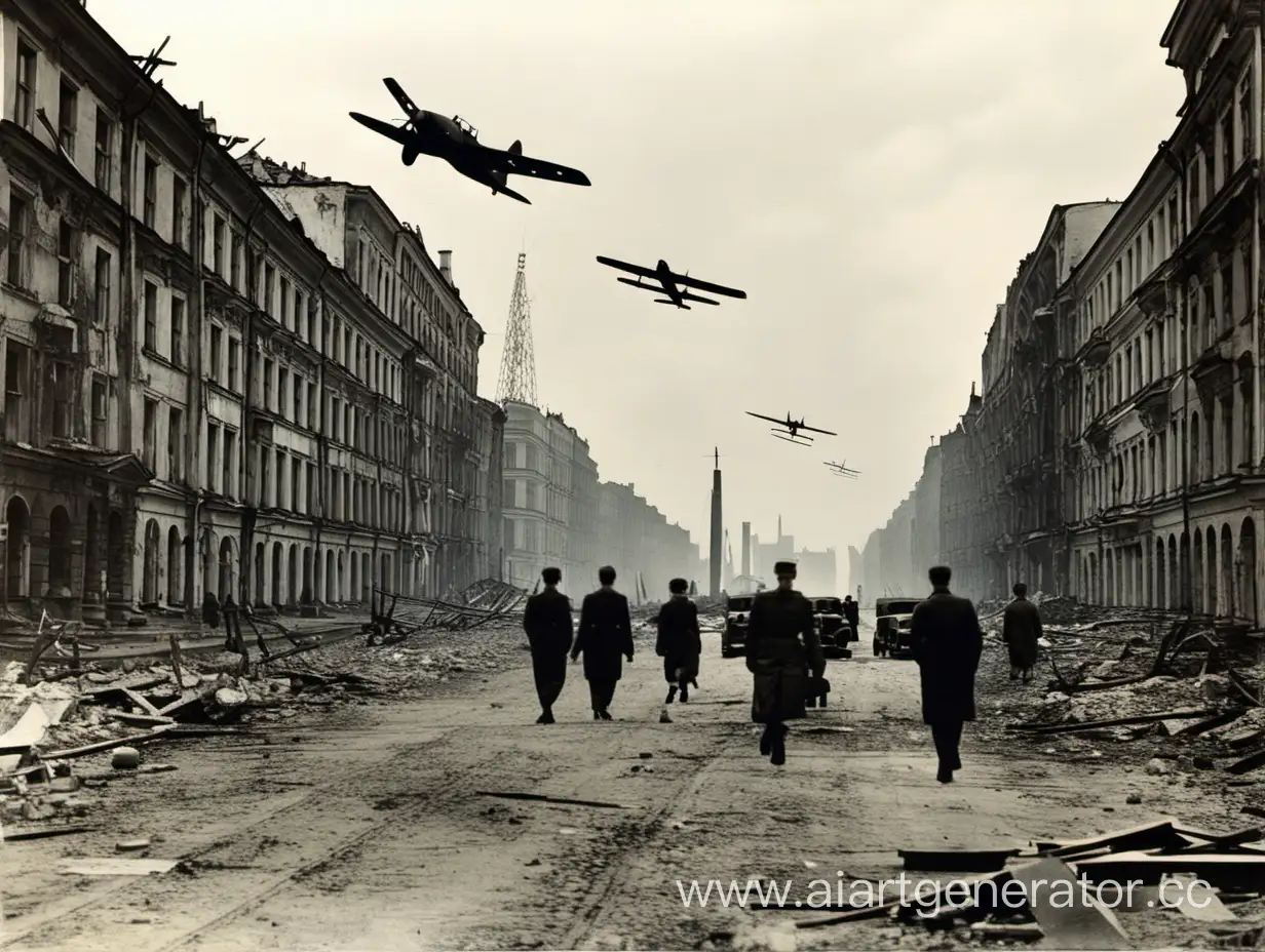 WarTorn-Leningrad-Street-1944-Devastated-Buildings-and-Military-Planes