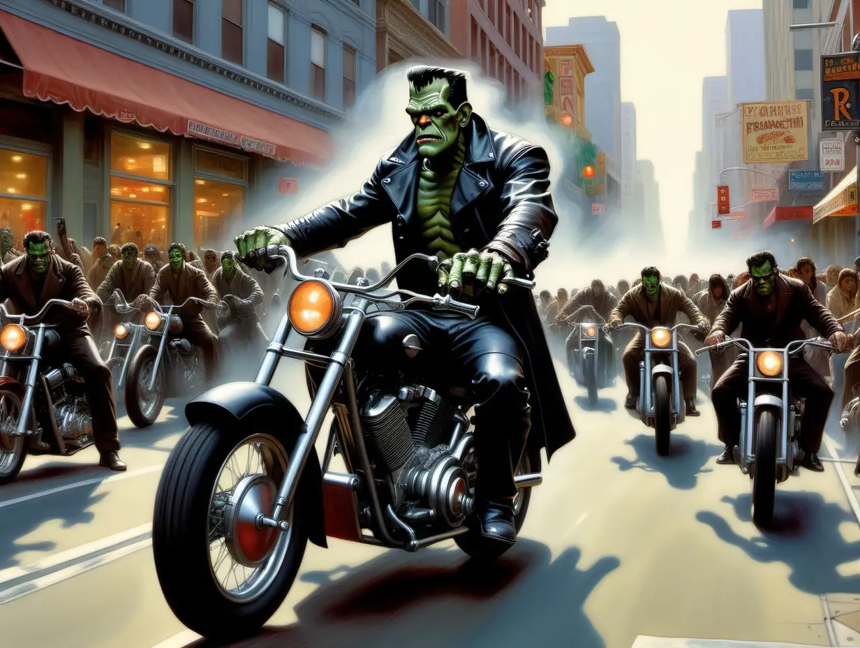 Frankenstein Riding a Motorcycle in Realistic Style on a Crowded San Francisco Street