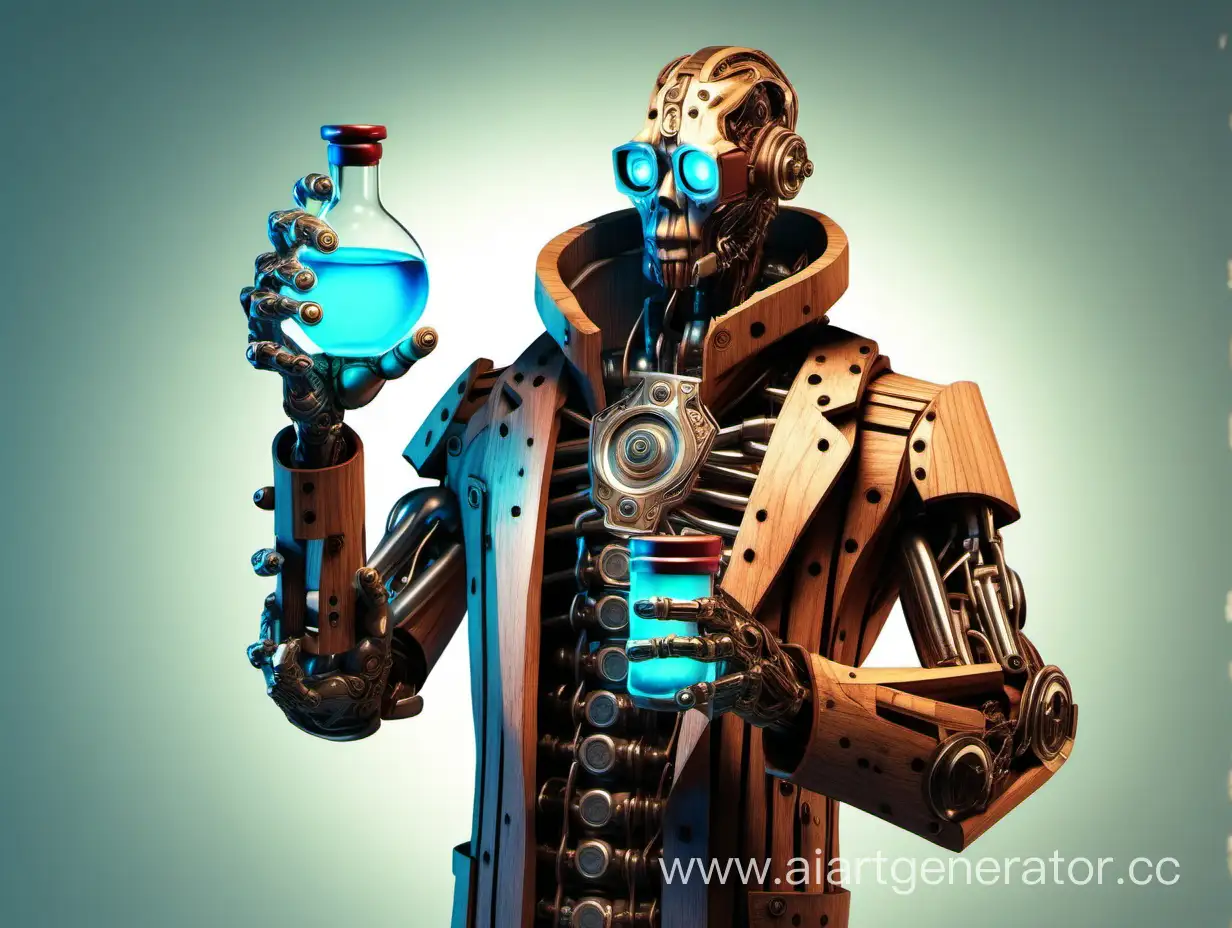 Glowing-Flask-Held-by-Wooden-Cyborg-Chemist