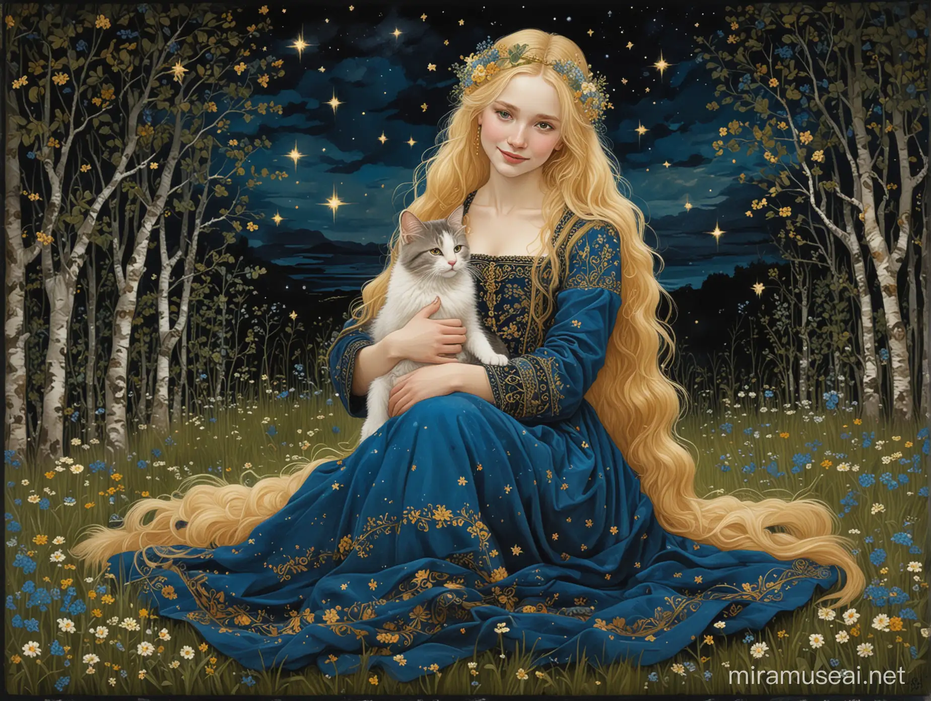 Grafika ma bordiury z floraturami w stylu celtyckim. Grafika jest w stylu malarskim Gustava Klimta. Grafika przedstawia młodą, usmiechniętą, piękną, jasnowłosa, średniowieczną kobietę w błekitnej sukience, która siedzi na kwietnej trawie i trzyma na kolanach norweskiego kota leśnego. Jest noc i na ciemnym niebie świecą tylko gwiazdy. W tle brzozowy zagajnik i odległe morze.