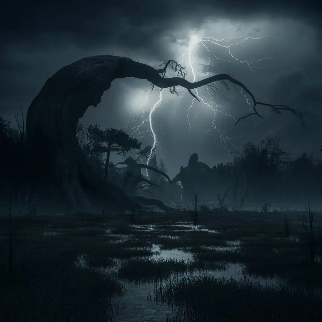 mroczny i ciemny las na bagnach, wielkie drzewa w tyle, burza z wieloma piorunami, atmosfera horroru, w oddali cienie dziwnych ludzi, atmosfera grozy i horroru