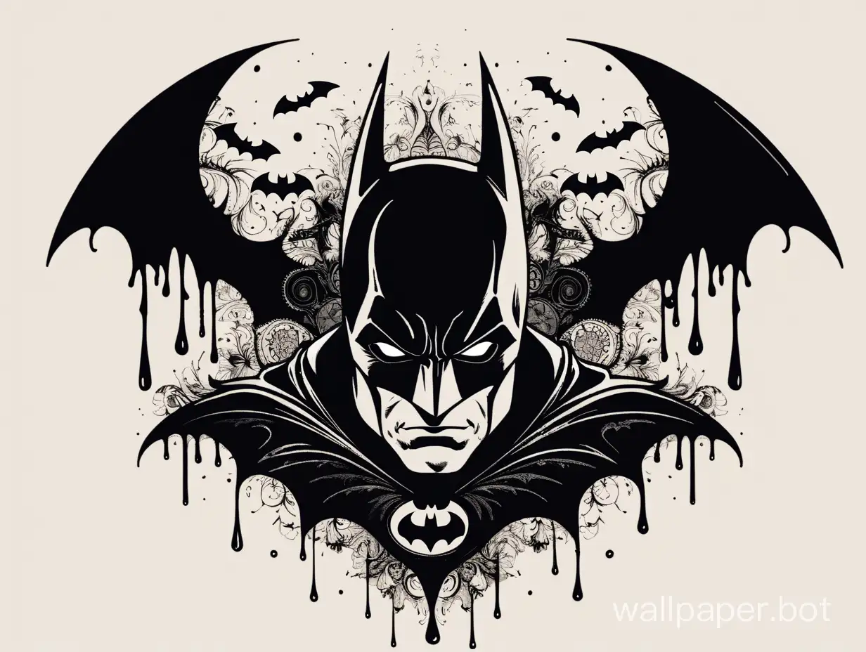 Batman face, asymmetrical, Rorschach, monochromatic, ornamental dripping bats, vintage style, drawing, darkness, sticker art