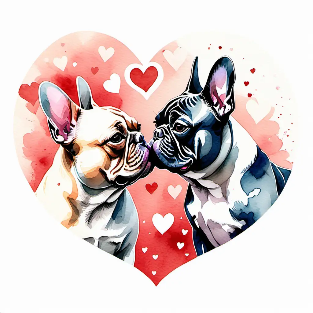watercolor style, two french bulldogs touch noses with hearts around them on a white background.