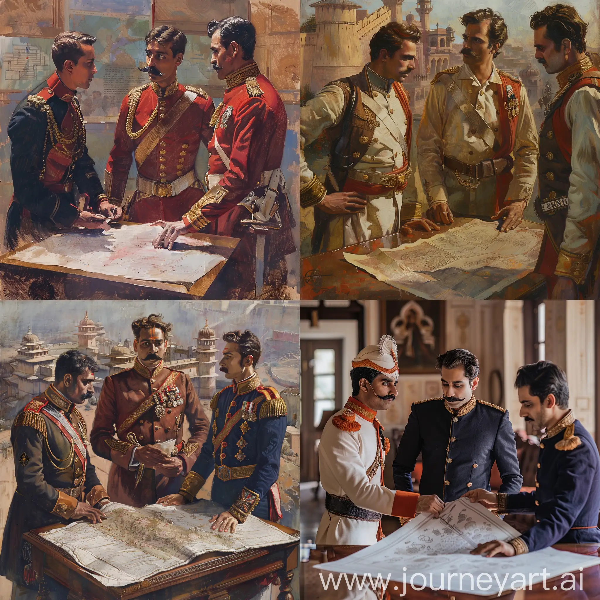 Year 1900 CE, Rajput king Maharaja Ganga Singh, young with a moustache is being explained a plan by his 2 english officers. The plan is on the table and they are looking at it.