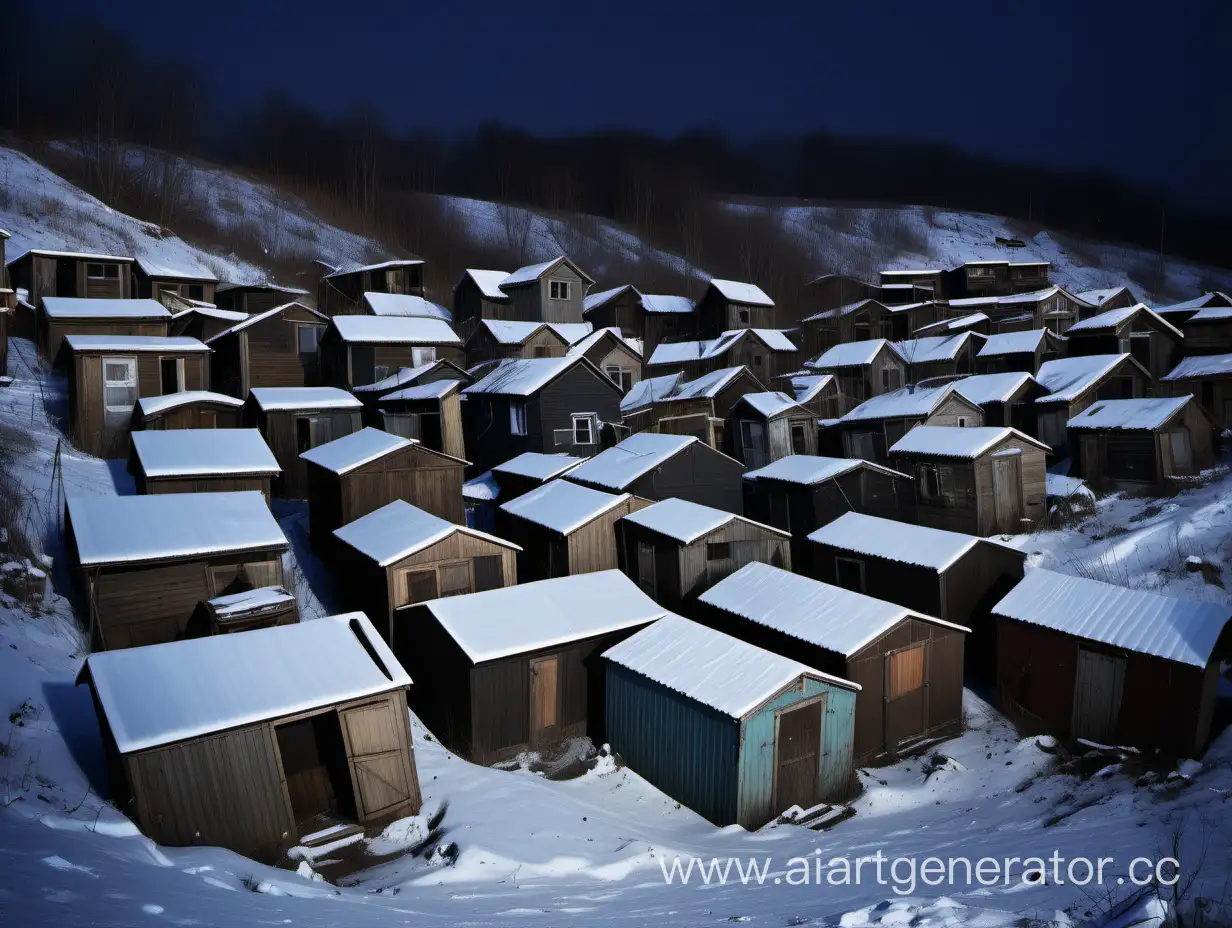 Abandoned-Wooden-Sheds-Scattered-Across-Winter-Night-Hillside