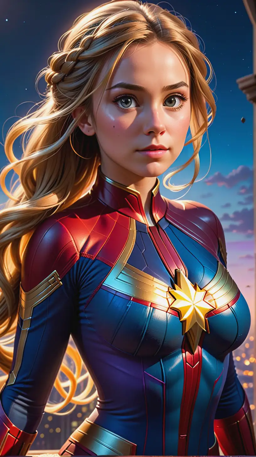 Gorgeous Rapunzel, very attractive face, hyper detailed eyes, eyes lit up with light, wrist tattoo, detailed medium breasts, perfect hips, dark eye scrubs, hair in a messy bun, wearing captain marvel coustume, ring light on face, floating in the sky, hyper realistic, very high detail, extra wide photo, symmetrical, full body photo