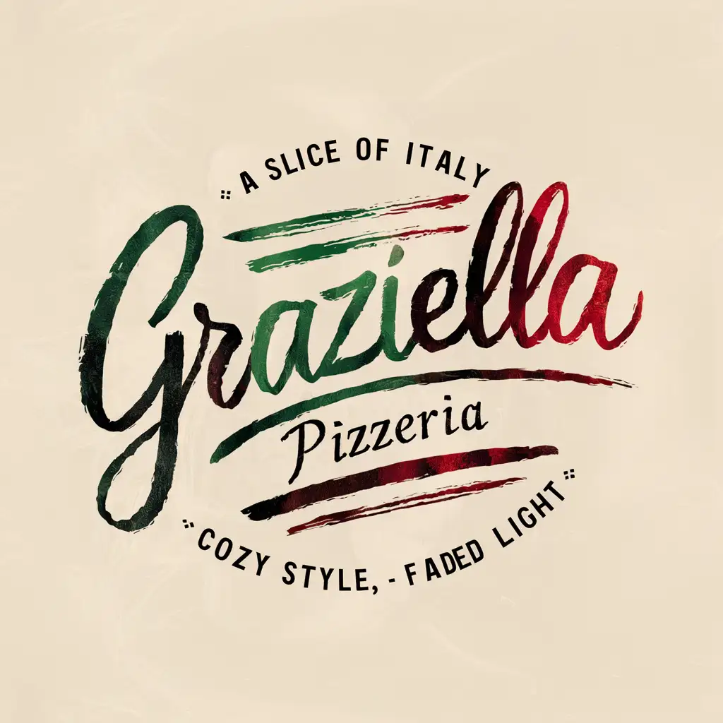 Handwriting Graziella Pizzeria logo, Italian colors, Quote Slice of Italy, Slogan, White background, Cozy style, Faded light.