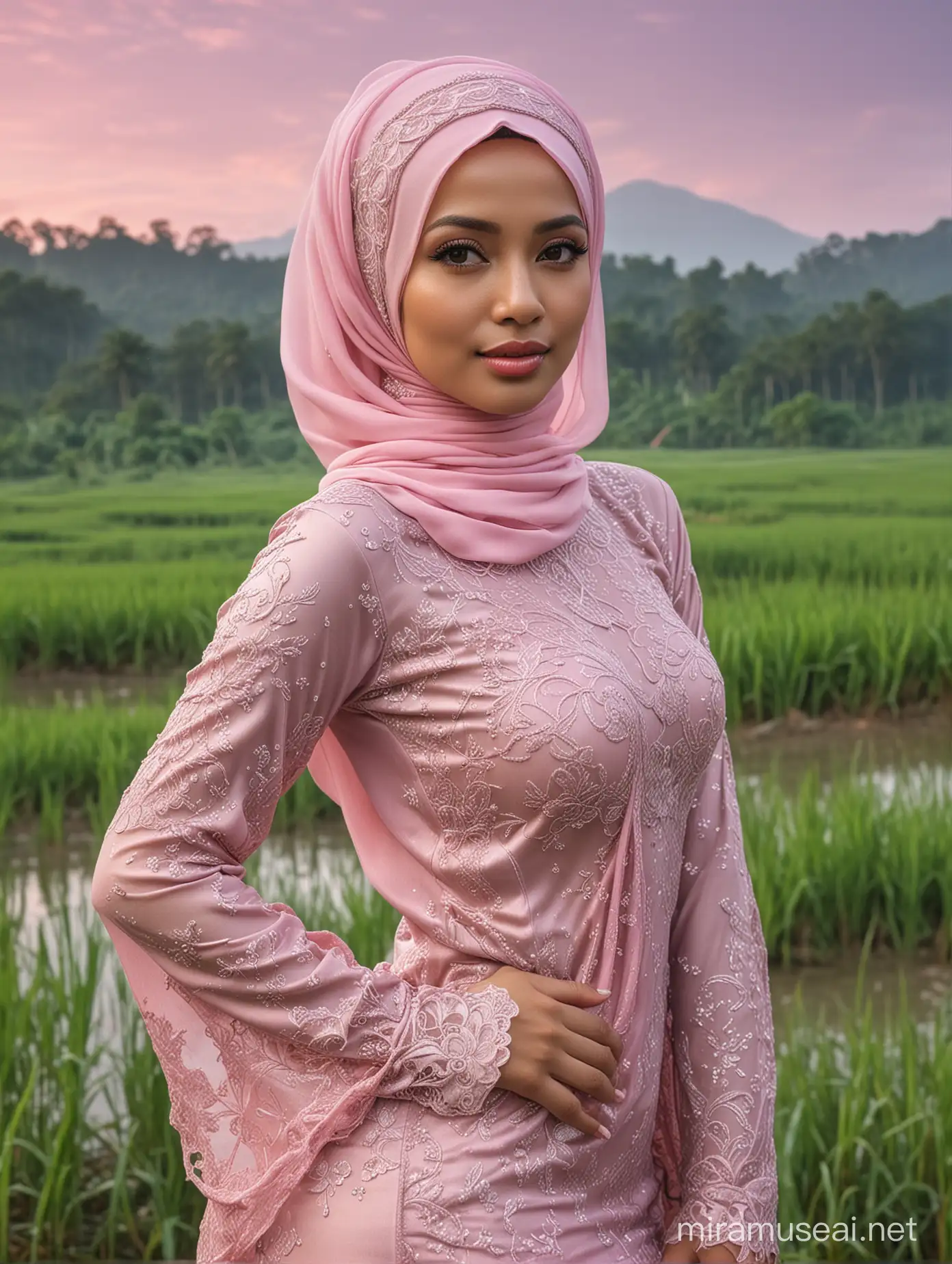 Malaysian Woman in Hijab Stands Amidst Rice Field Beauty