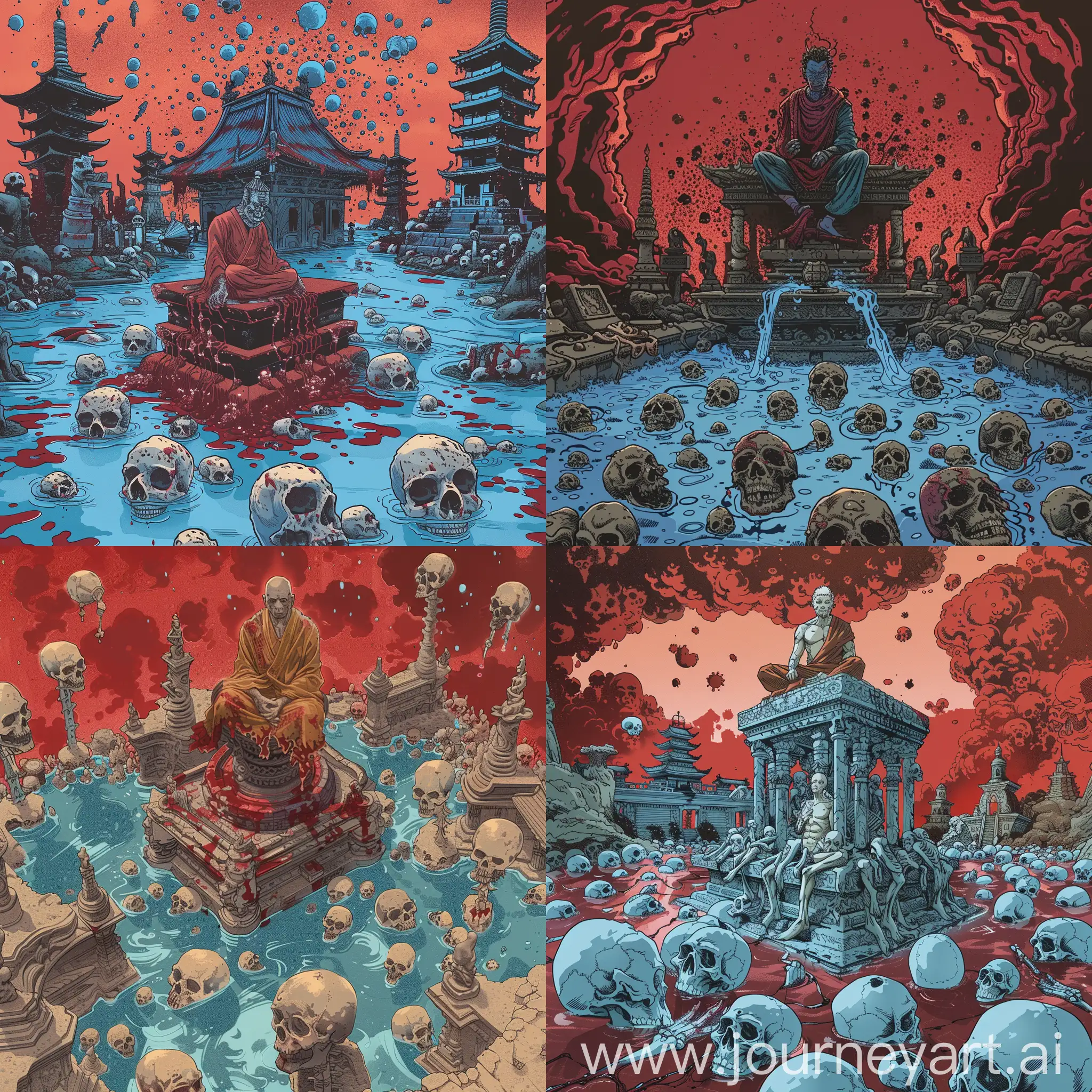"Generate an image of Sukuna's Domain Expansion from 'Jujutsu Kaisen.' Sukuna sits on a temple amidst illusions. The sky is reddish, symbolizing blood, with temple illusions. The ground has blueish illusions of skulls and water. Sukuna is in a king-like pose on a temple covered in skeletons and skulls. The focus is on Sukuna's Domain Expansion, full of illusions and horror elements."