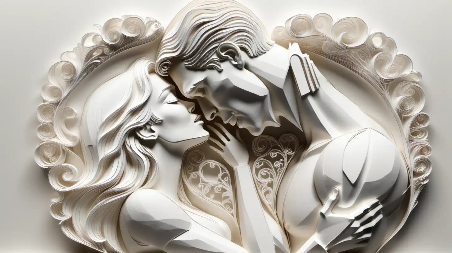 A three-dimensional sketch on paper in white of man and woman in a loving embrace give each other a kiss and around is a romantic decoration, resting on a slightly described background --s 150 --style raw --ar 16:9 --v 6.0