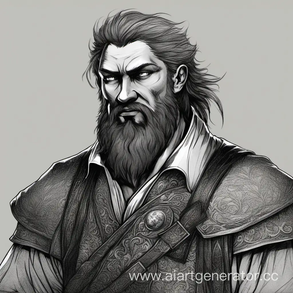 Ruslan from the fairy tale Ruslan and Lyudmila. He looks 40, has a war physique, a beard, looks tired. In the genre of dark fantasy.