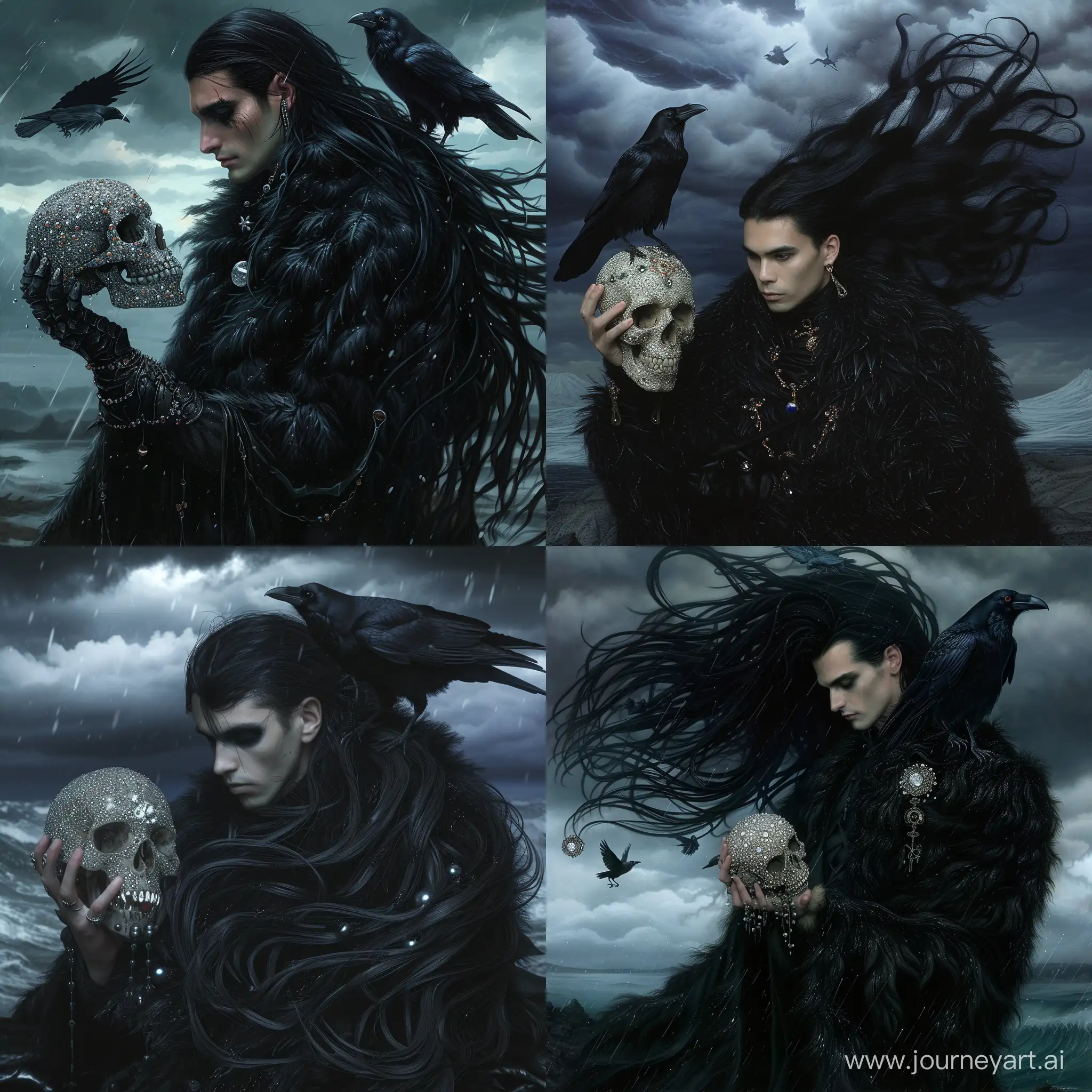 a guy in a black fur coat of flowing black hair against a gloomy night stormy sky, holding a skull studded with sparkling rhinestones, a black raven sits on his shoulder