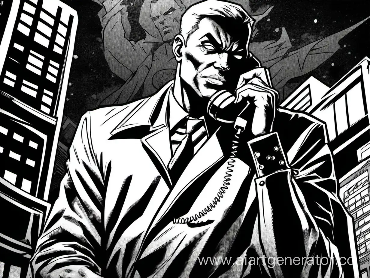 черно-белый человек в темном говорит по телефону в стиле комиксов Marvel