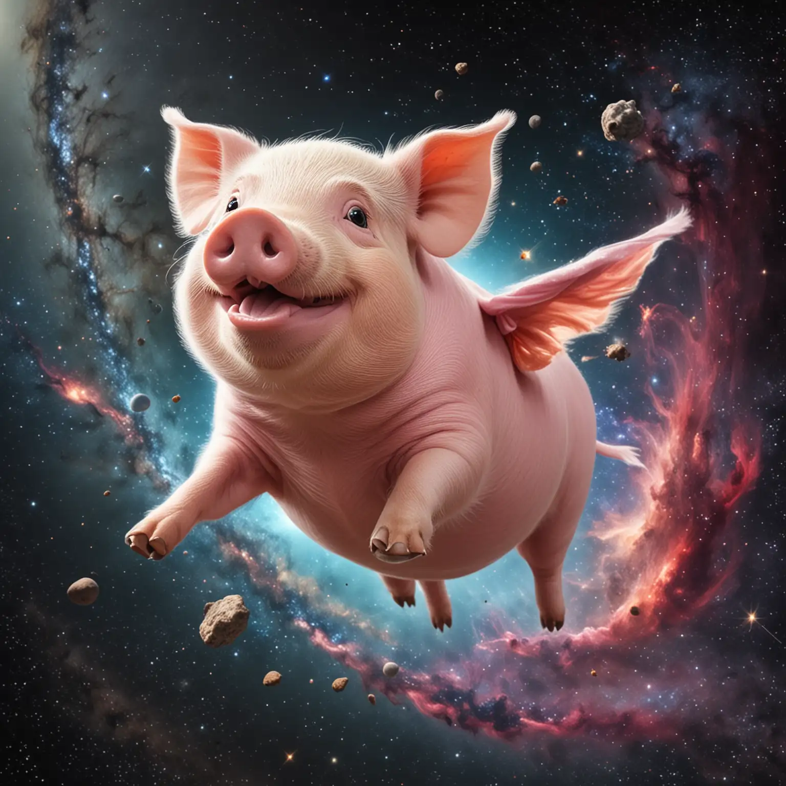 Cerdo con cara sonriente sobrevolando en el espacio, con propulsión por el culo