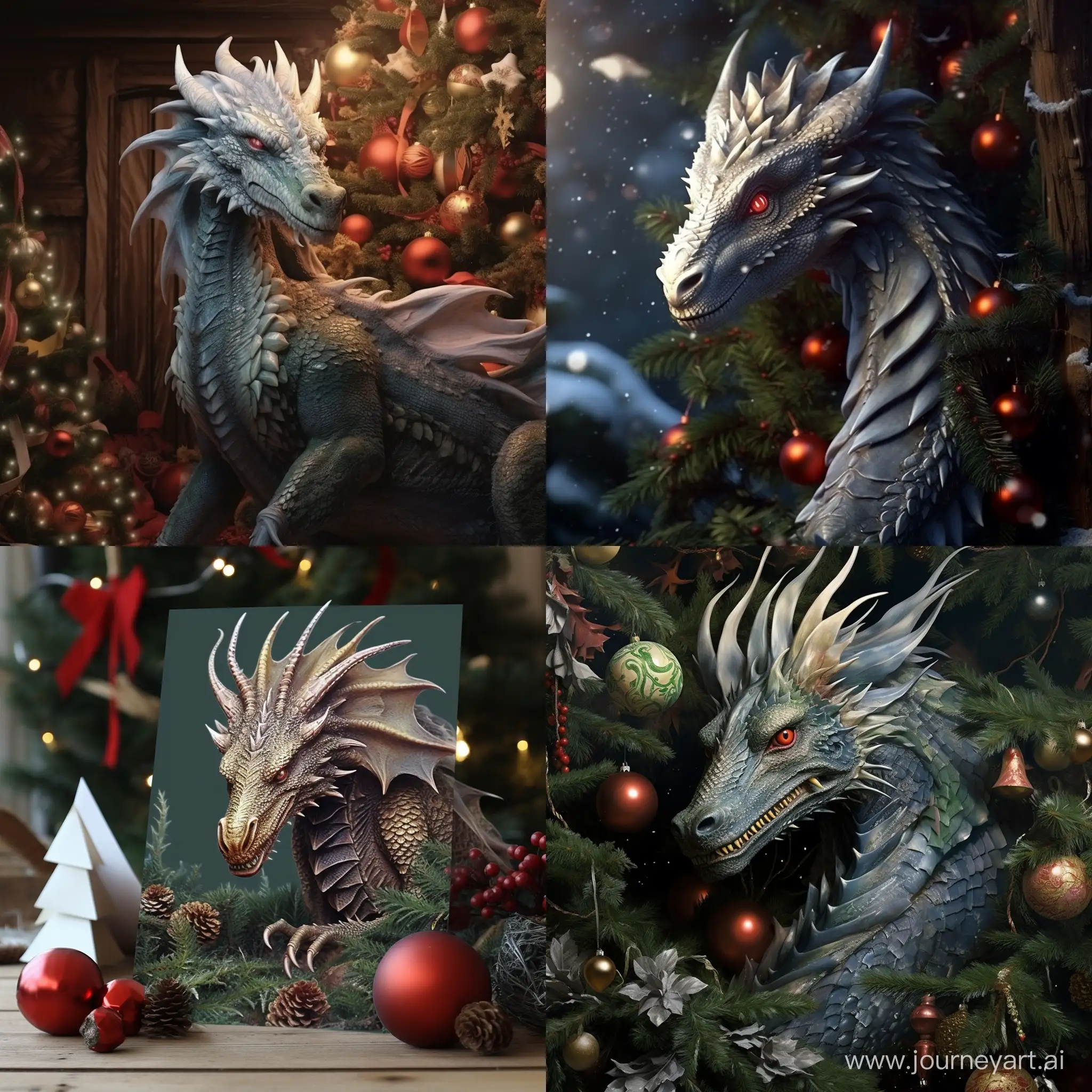 New year greeting card an ultra-realistic dragon and a photorealistic christmas decorated tree 