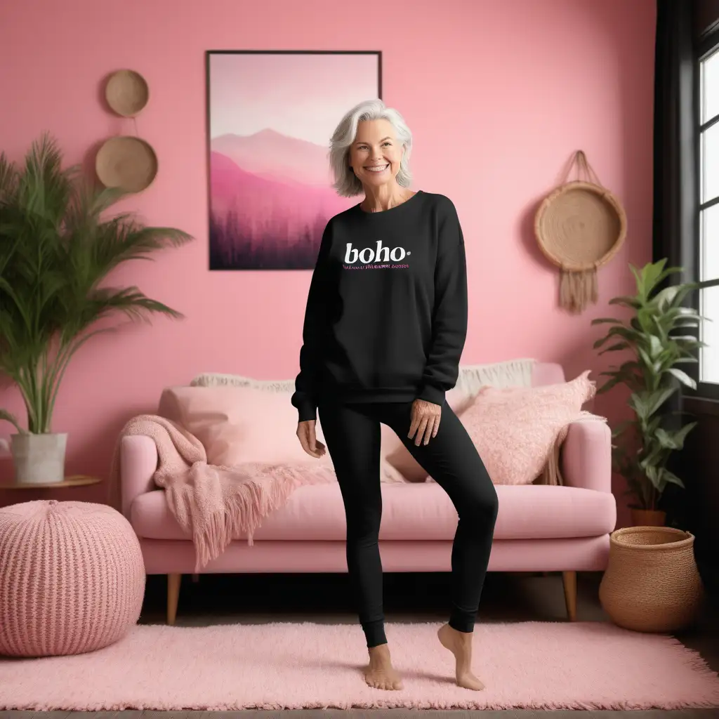a photorealistic photo mockup of a gently smiling mature woman wearing a blank black,
over-sized Gildan 18000 sweatshirt , and black leggings in front of an indoor pink themed
boho style home living Room scene. professional photography composition, f9.0. --ar 5:4 -
-s 750 --style raw -
