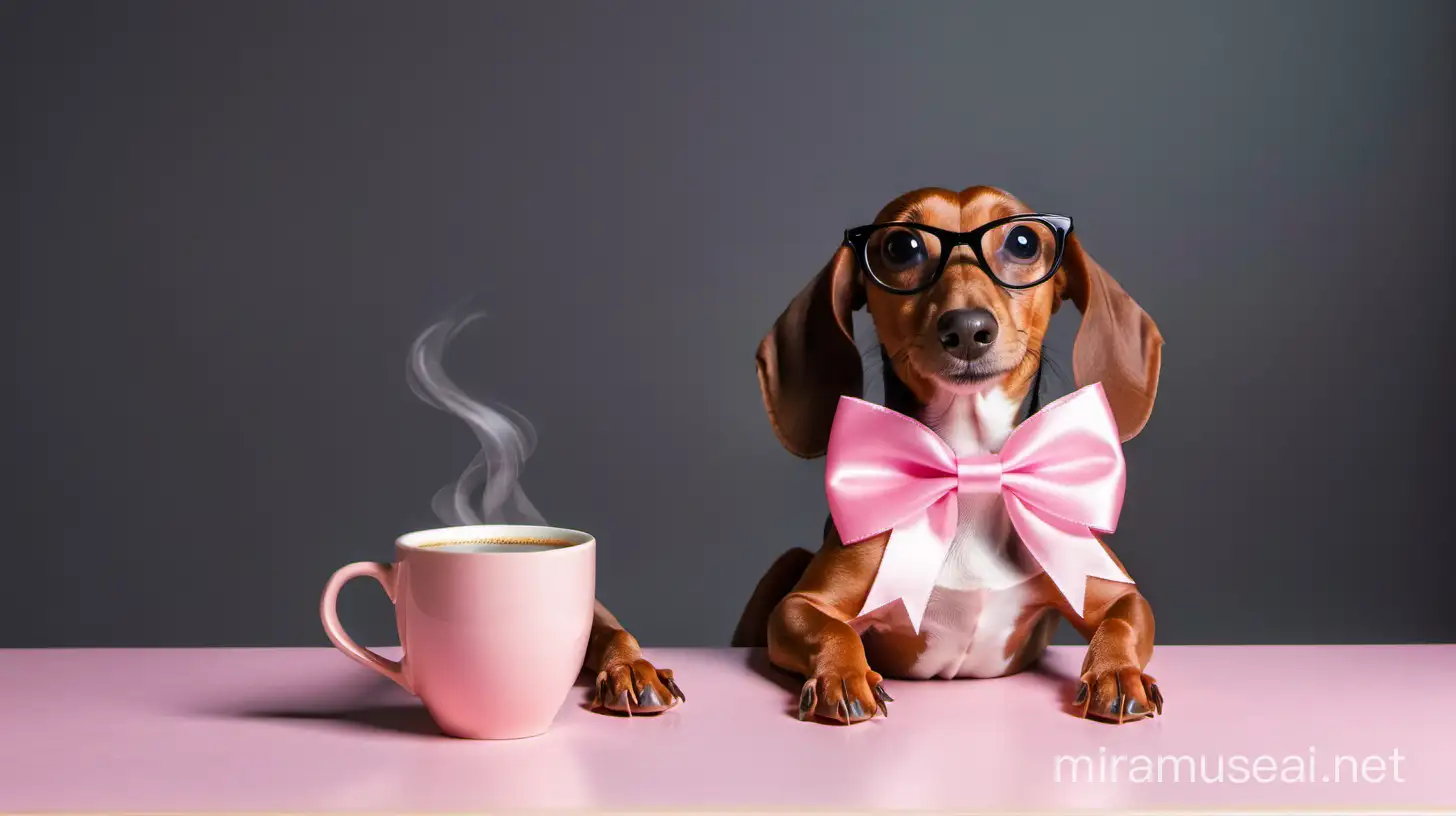 frog and dachshund dog with pink ribbons are happy drinking coffee at work