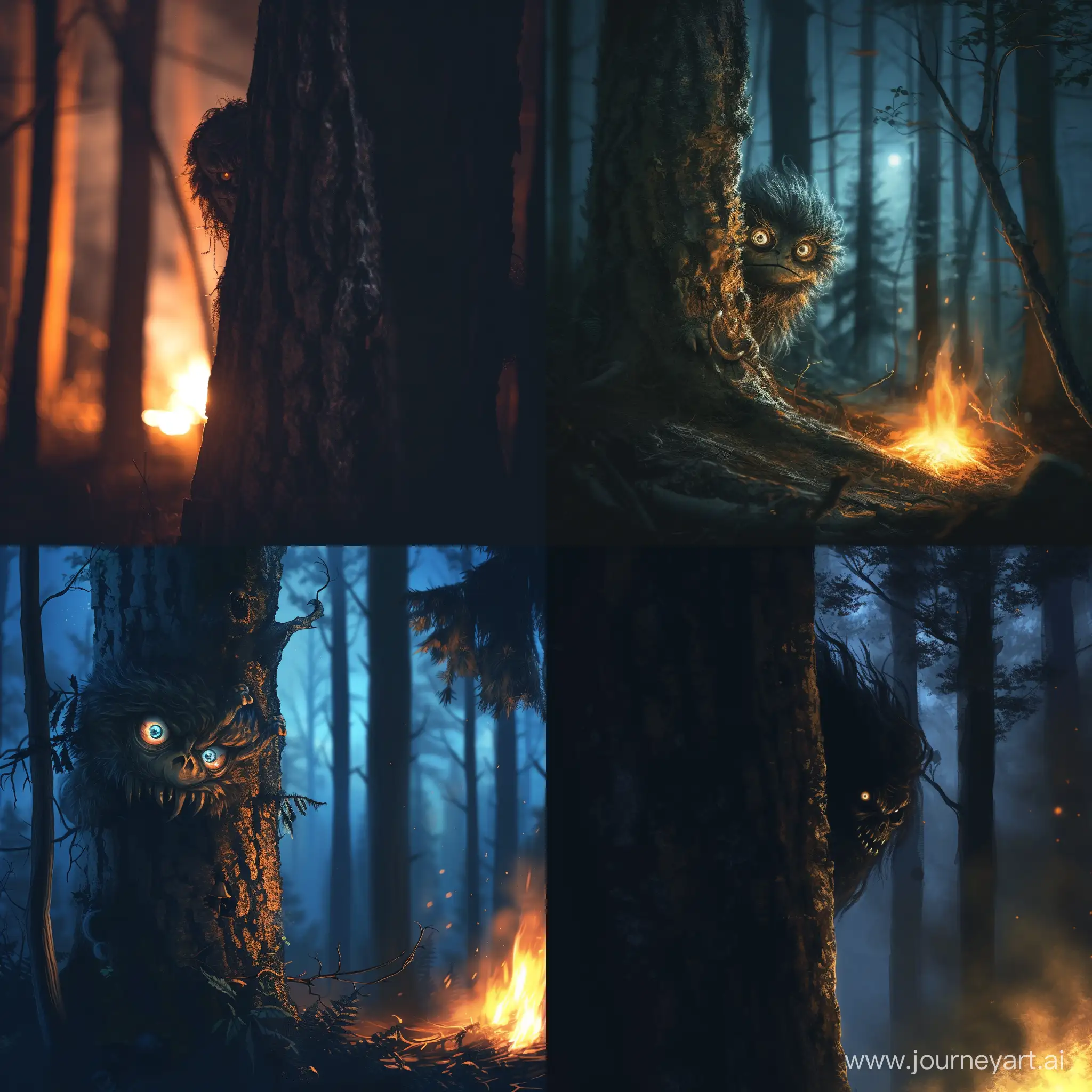 жуткий монстр смотрит из-за дерева в лесу ночью в свете костра
