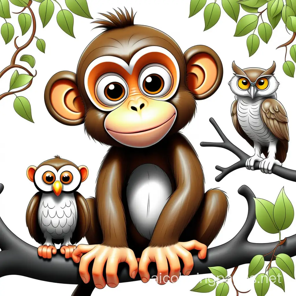 nice funny picture of monkey with owl very colorful, Coloring Page, black and white, line art, white background, Simplicity, Ample White Space. The background of the coloring page is plain white to make it easy for young children to color within the lines. The outlines of all the subjects are easy to distinguish, making it simple for kids to color without too much difficulty