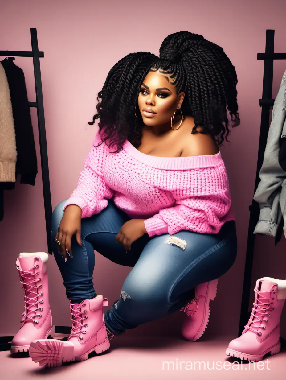 create a magna airbrush image of a plus size black female wearing tight cut up jeans and a off the shoulder pink sweater with timberland boots. Prominent makeup with hazel eyes. Highly detailed black and white box braids. She is in her crafting room packing orders. 2k 