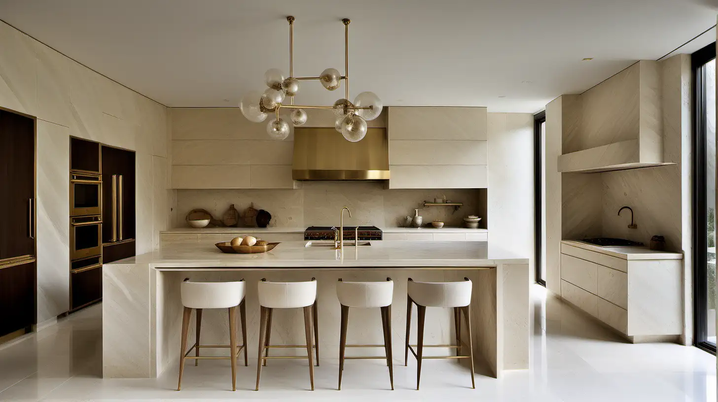 Grand Minimalist Contemporary home kitchen; ivory; limestone; travertine; limed oak; brass; 
