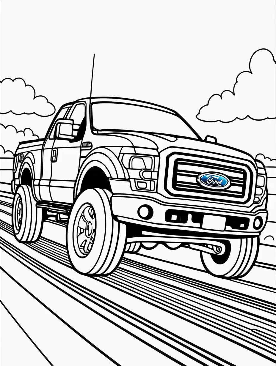 Coloring page for kids, ford car, the car is on a car track, black lines white background 