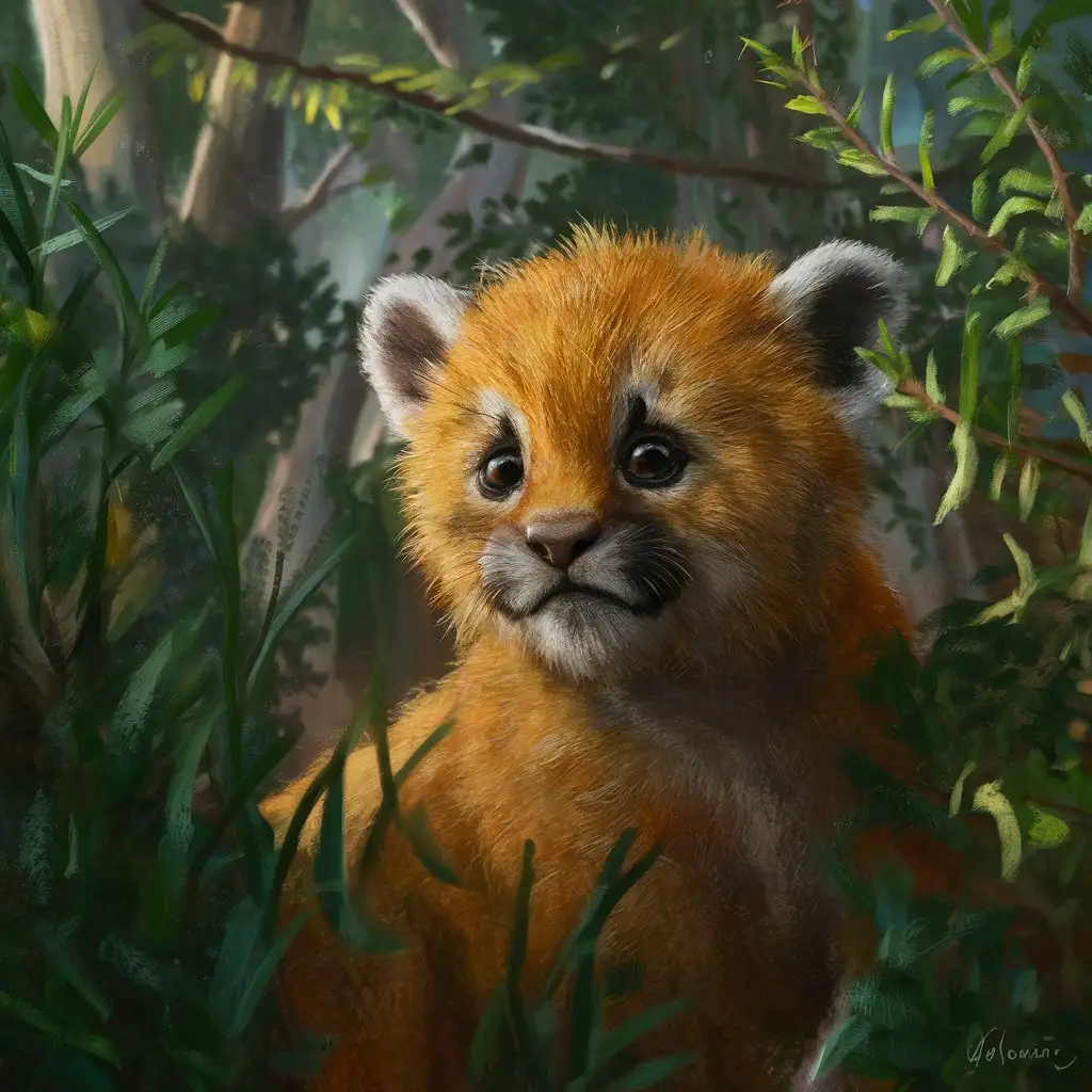 A orange/golden colored puma cub with his fur matted and eyes wide with fear in the bushes