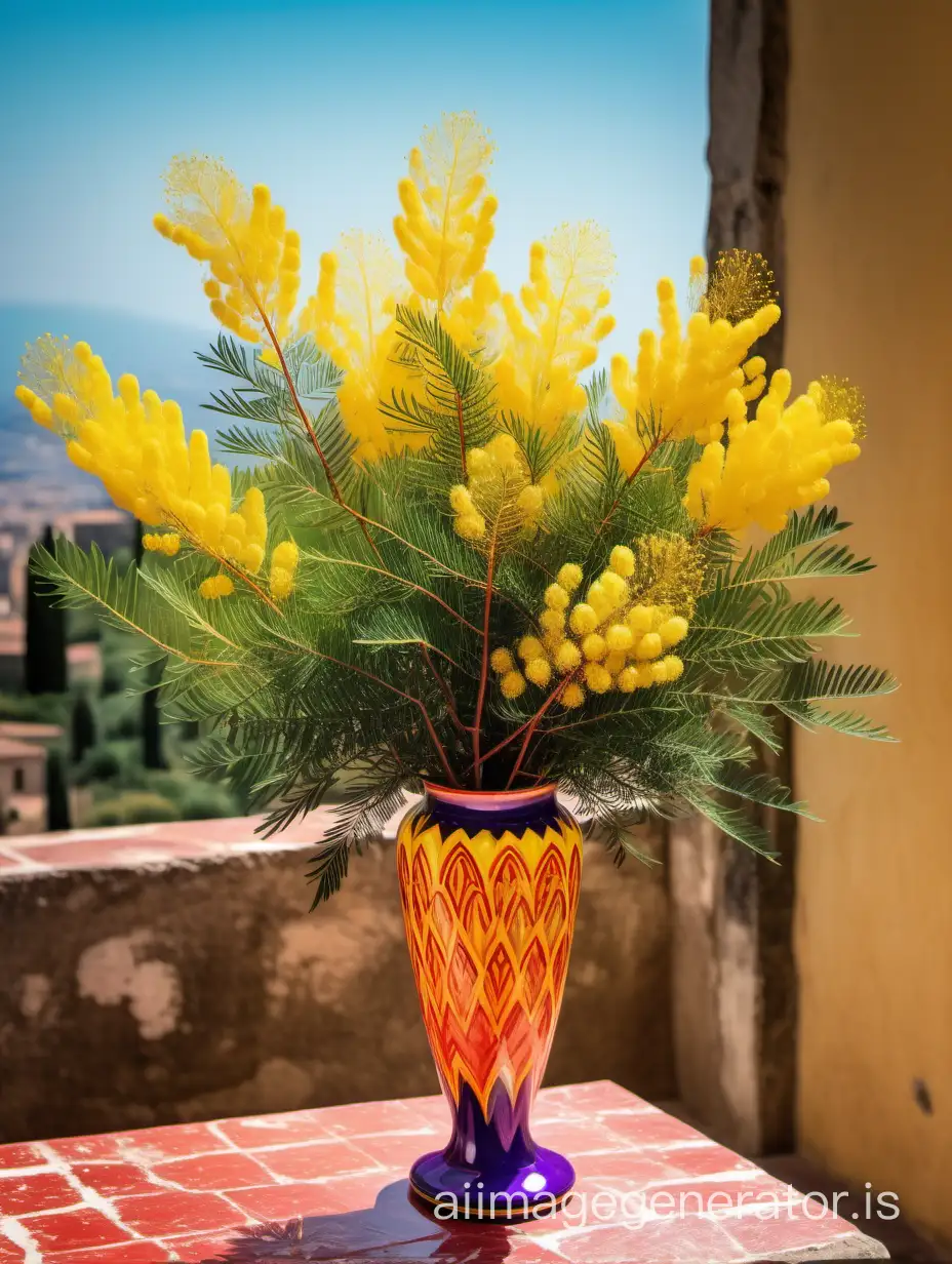a few tick mimosa branches in a colorful Sicilian testa di moro vase, sunny day