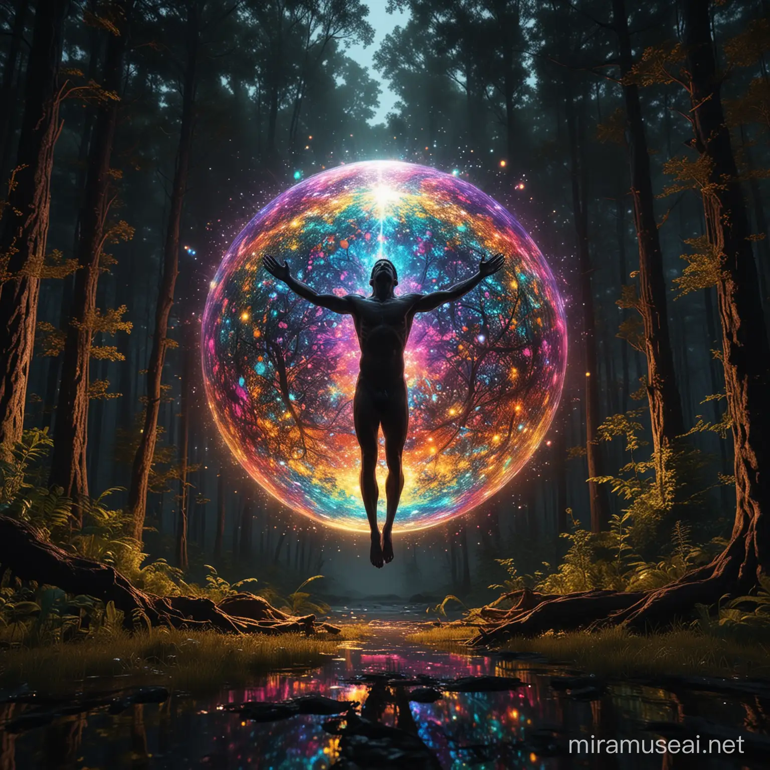 Psychedelic Forest Naked Man Receiving Luminous Spheres Rays