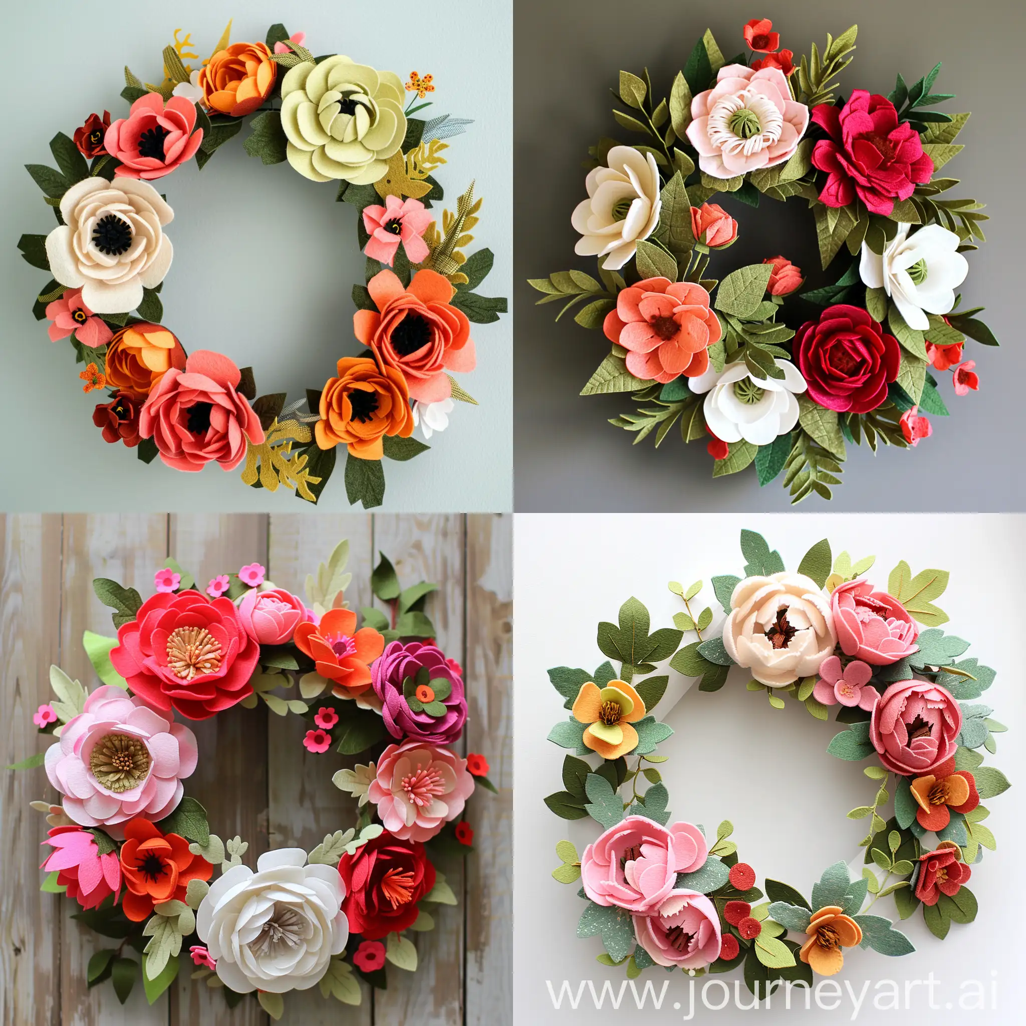 decorative wreath of peony and poppies made from felt sheets simple design