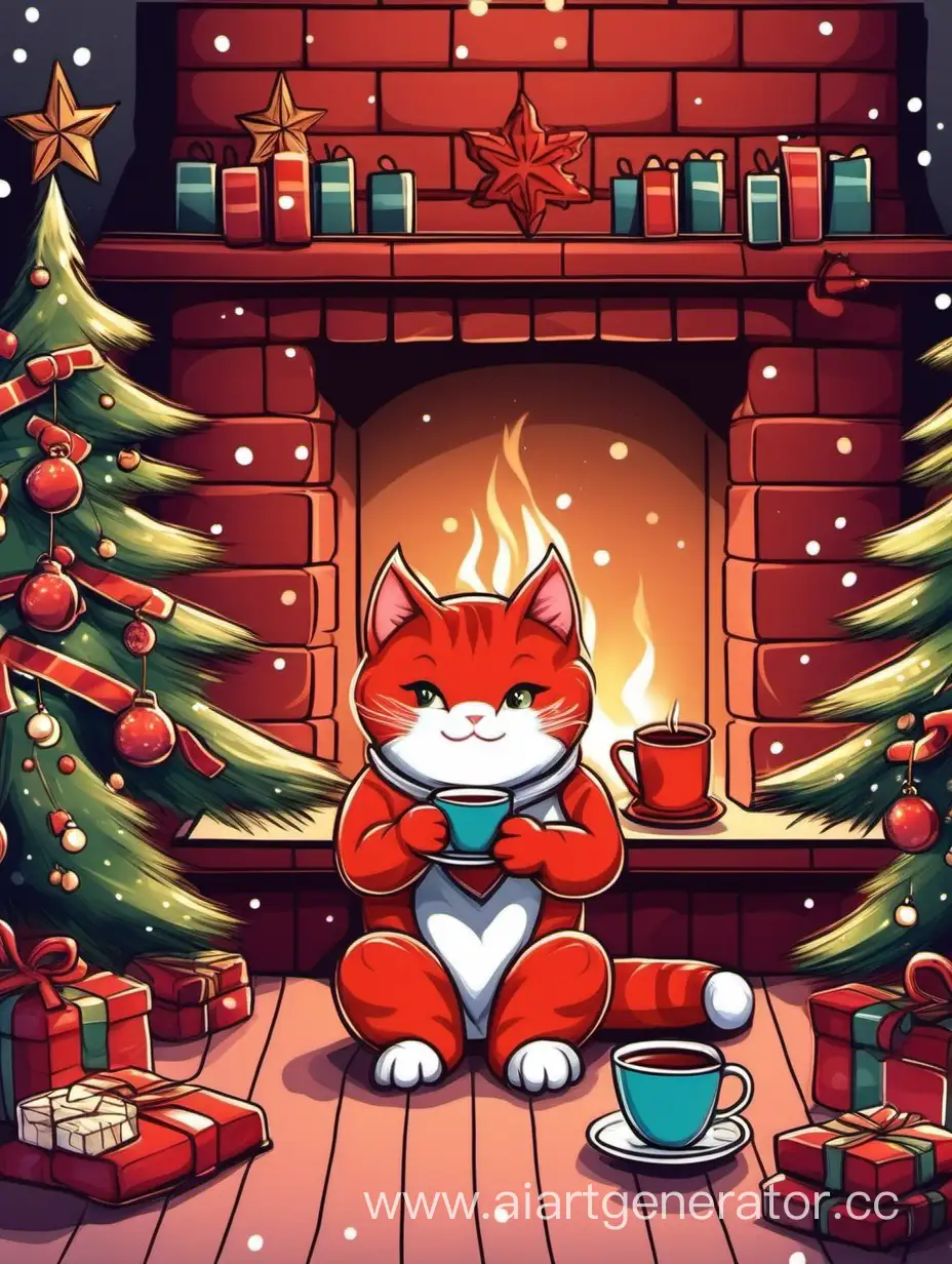 Нарисованный рыжий антропоморфный кот сидит у камина с чашкой како с маршмеллоу в руках и весело поздравляет с рождеством на фоне ветки елок, колокольчики