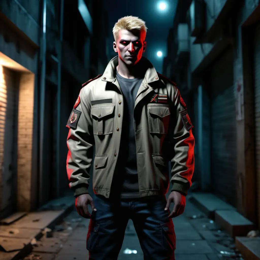 A white male Banu Haqim enforcer, red eyes, blonde hair, wearing a military jacket, standing in an alley at night, realistic
