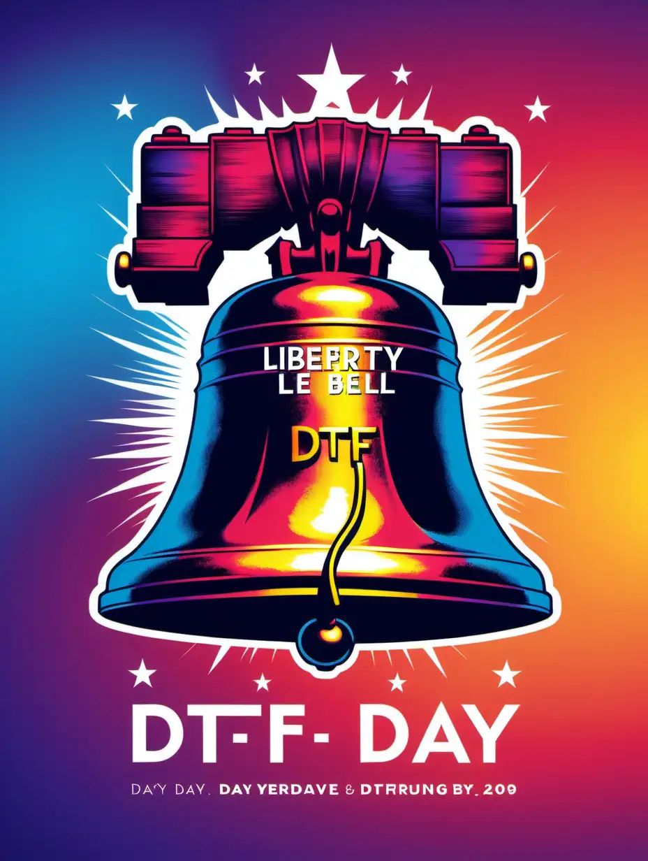 Vibrant, colorful background featuring Liberty Bell. With the text of DTF DAY.