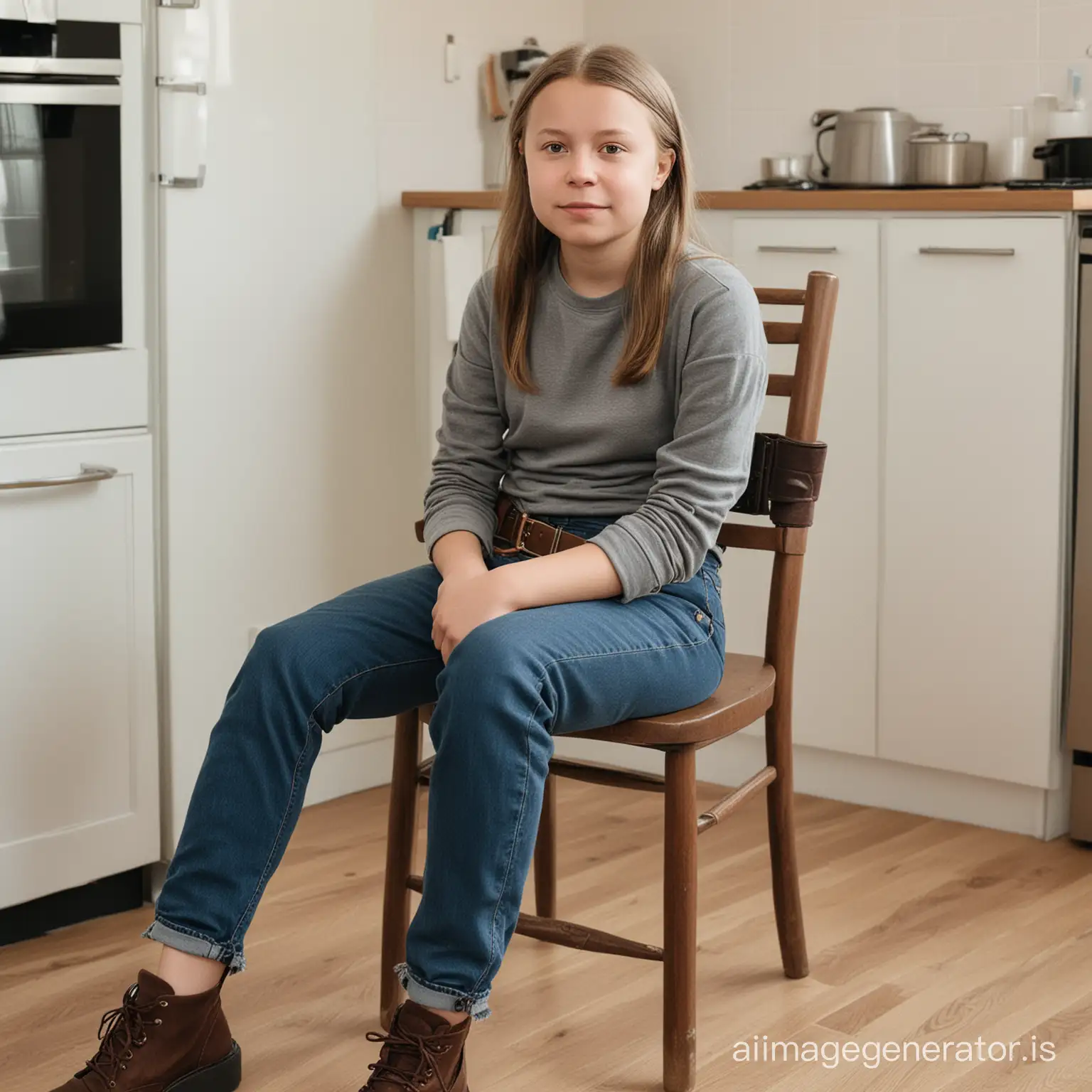 a real photo of greta thunberg,sitting on a chair,skinny jeans with belt,stern face,kitchen